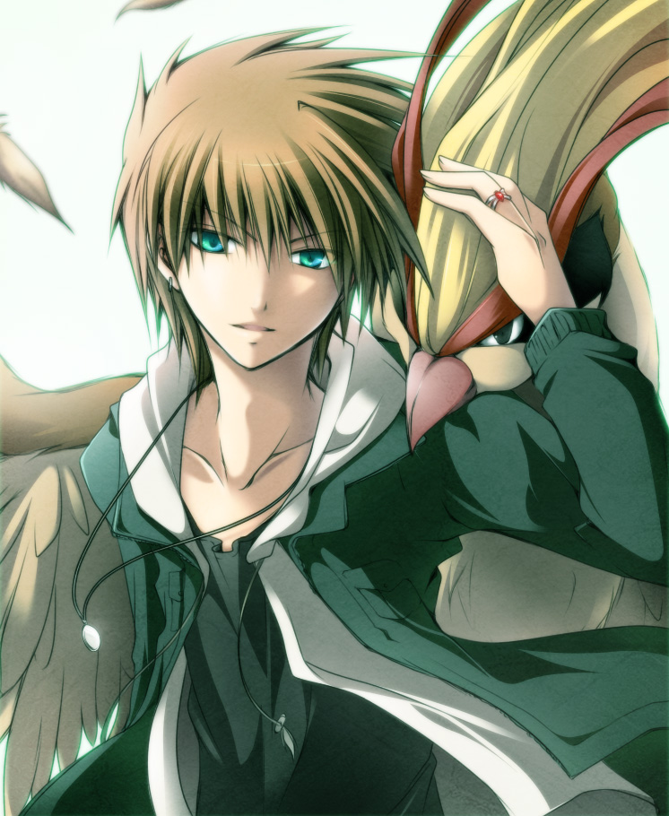mao (core), mayokichi, blue oak, blue oak (pokemon hgss), pidgeot, nintendo, pokemon, pokemon hgss, bad id, bad pixiv id, 00s, 1boy, blue eyes, brown hair, gen 1 pokemon, green eyes, gym leader, jacket, jewelry, male focus, necklace, pokemon (creature), ring
