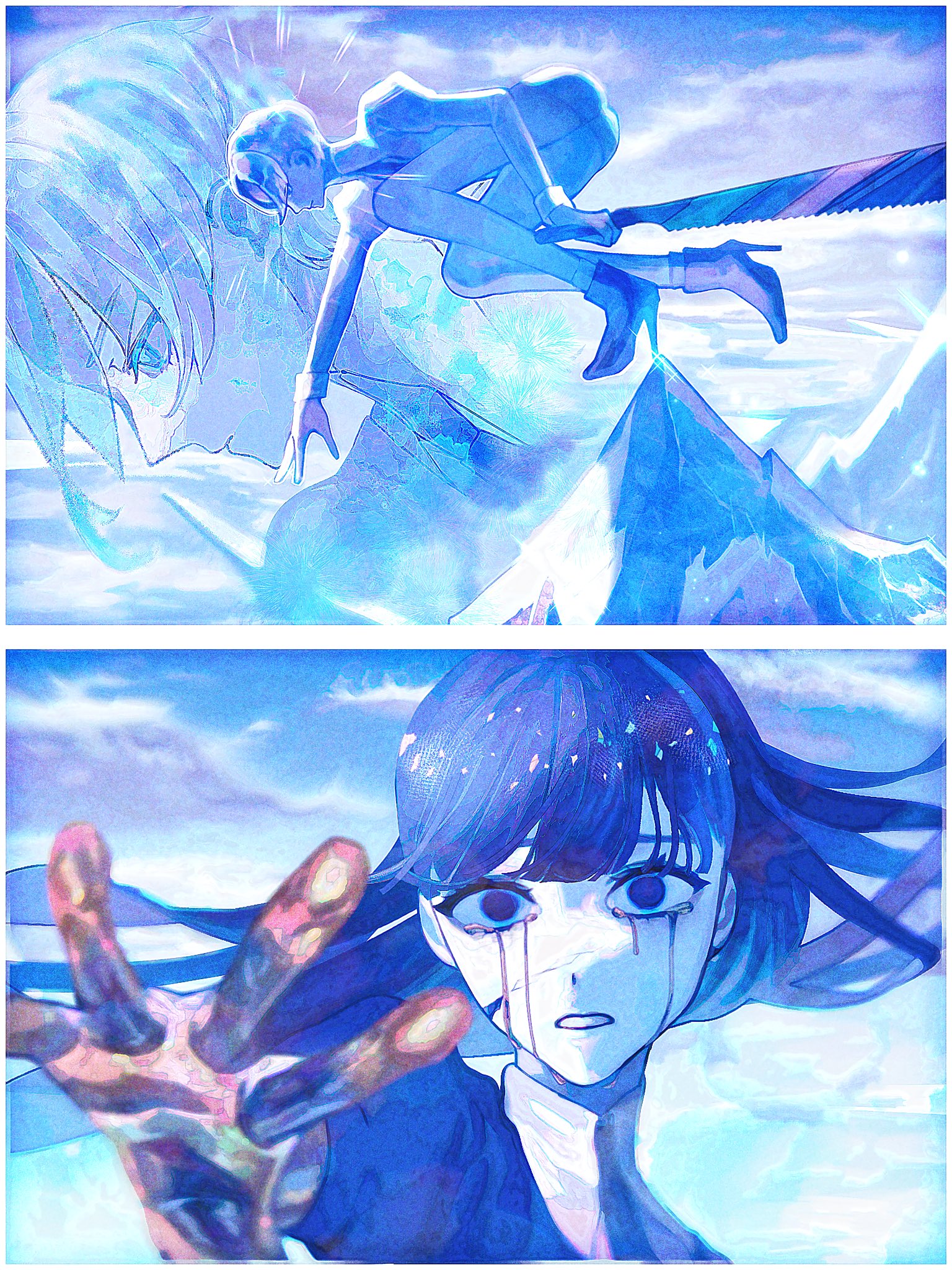 antarcticite, phosphophyllite (ll), houseki no kuni, commentary request, highres, 2others, black necktie, blue hair, blue sky, crying, despair, floating hair, gem uniform (houseki no kuni), golden arms, long hair, multiple others, necktie, nogiii 3, reaching, reaching towards viewer, shirt, shorts, sky, snow, solo, white hair, white shirt, white shorts