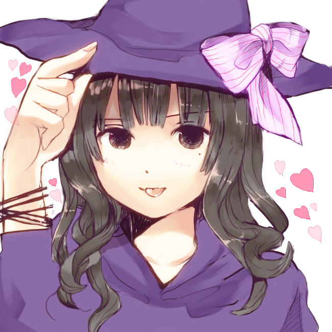yoshioka mitsuko, original, 1girl, :p, bow, female focus, hat, heart, mole, mole under eye, solo, tongue, tongue out, witch, witch hat