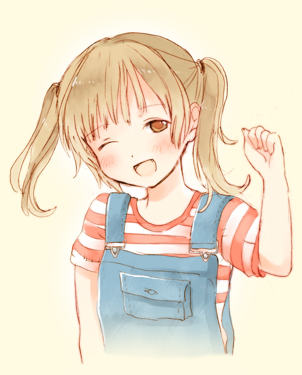 yoshioka mitsuko, original, 1girl, blush, brown eyes, brown hair, child, fang, female focus, hand up, head tilt, long hair, looking at viewer, one eye closed, open mouth, overalls, pink background, shirt, short sleeves, simple background, smile, solo, striped clothes, striped shirt, t-shirt, twintails, upper body, wink