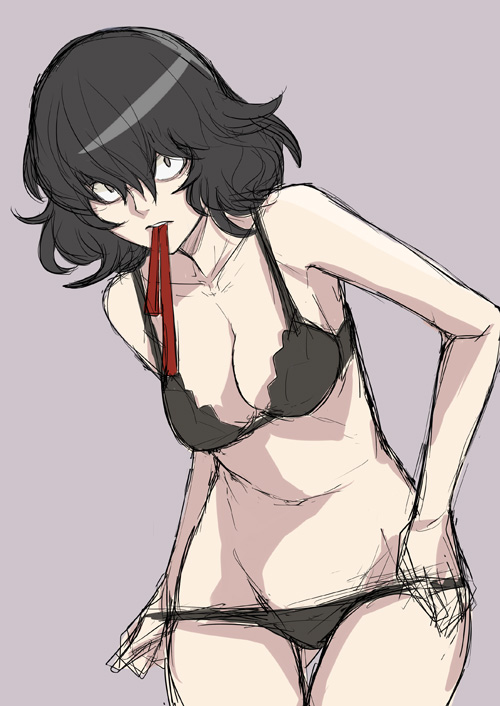 ban! (bansankan), nunotaba shinobu, toaru kagaku no railgun, toaru kagaku no railgun s, toaru majutsu no index, 00s, 1girl, bags under eyes, black hair, bra, constricted pupils, female focus, lingerie, mouth hold, panties, simple background, sketch, solo, underwear, underwear only