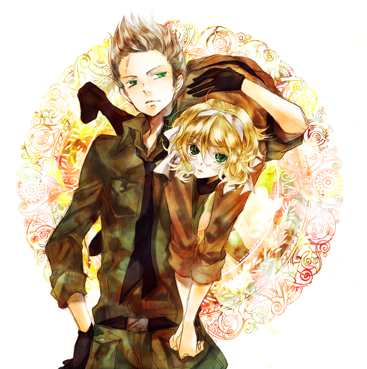 ta eiko, taeko (tao), belgium (hetalia), netherlands (hetalia), axis powers hetalia, bad id, bad pixiv id, 00s, 1boy, 1girl, blonde hair, brother and sister, carrying, carrying over shoulder, green eyes, grey hair, hair ribbon, military, military uniform, necktie, ribbon, siblings, sideburns, sleeves rolled up