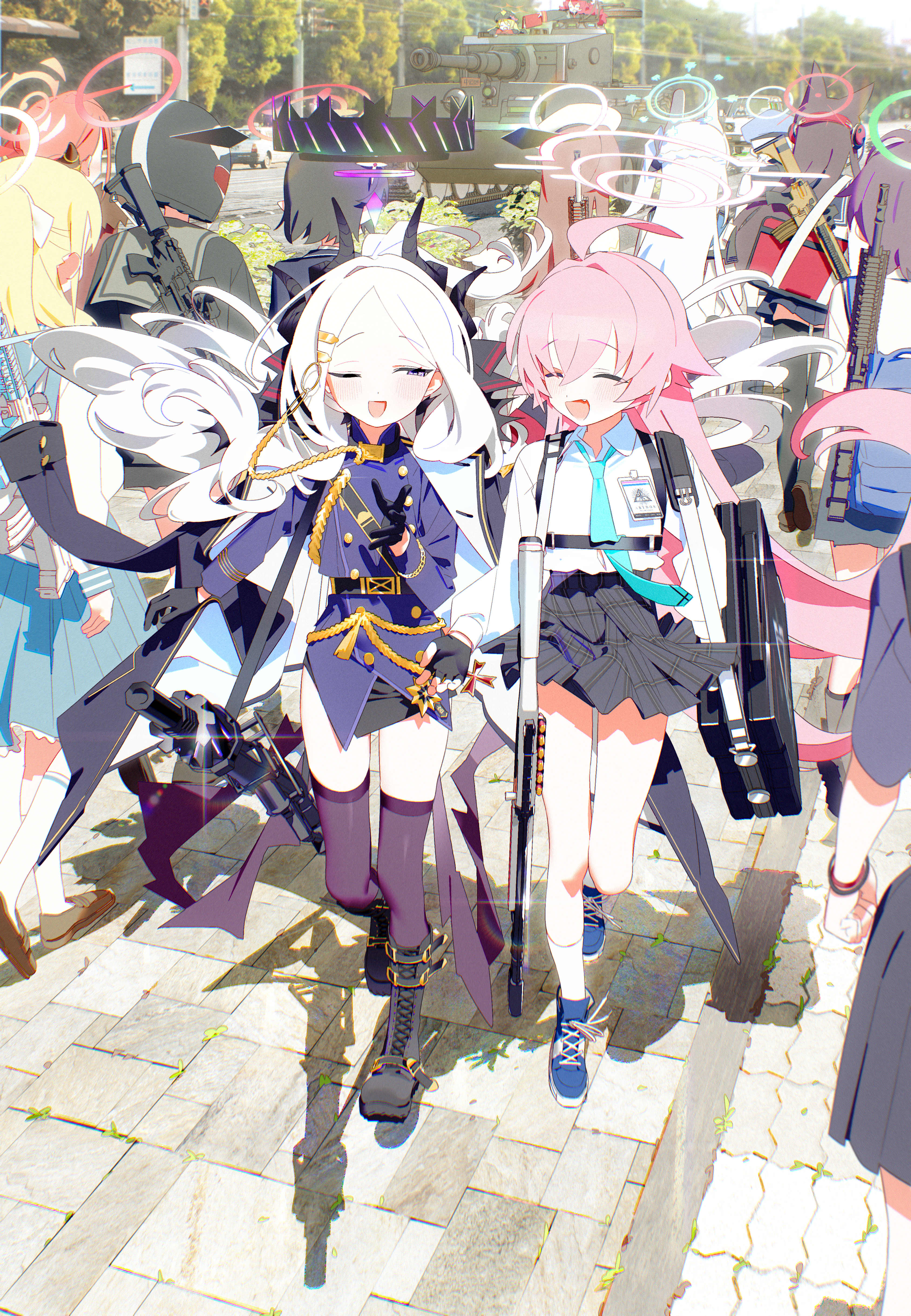 bm tol, aru (blue archive), ayane (blue archive), gehenna student (blue archive), helmet gangster (blue archive), hina (blue archive), hoshino (blue archive), ibuki (blue archive), iroha (blue archive), miyako (blue archive), tea party militant (blue archive), trinity student (blue archive), valkyrie police academy student (sg) (blue archive), yukino (blue archive), blue archive, absurdres, commentary, highres, symbol-only commentary, weapon request, 6+girls, ;d, ^ ^, ahoge, blush, closed eyes, demon horns, demon wings, emblem, fang, grey hair, gun, gun on back, headset, helmet, horns, low wings, military vehicle, motor vehicle, multiple girls, one eye closed, open mouth, outdoors, pink hair, school uniform, smile, tank, walking, weapon, weapon on back, wings