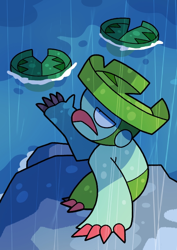 cocoro the c, lombre, lotad, nintendo, pokemon, commentary request, claws, gen 3 pokemon, on rock, partially submerged, pokemon (creature), pokemon focus, rain, sitting, solo focus, water