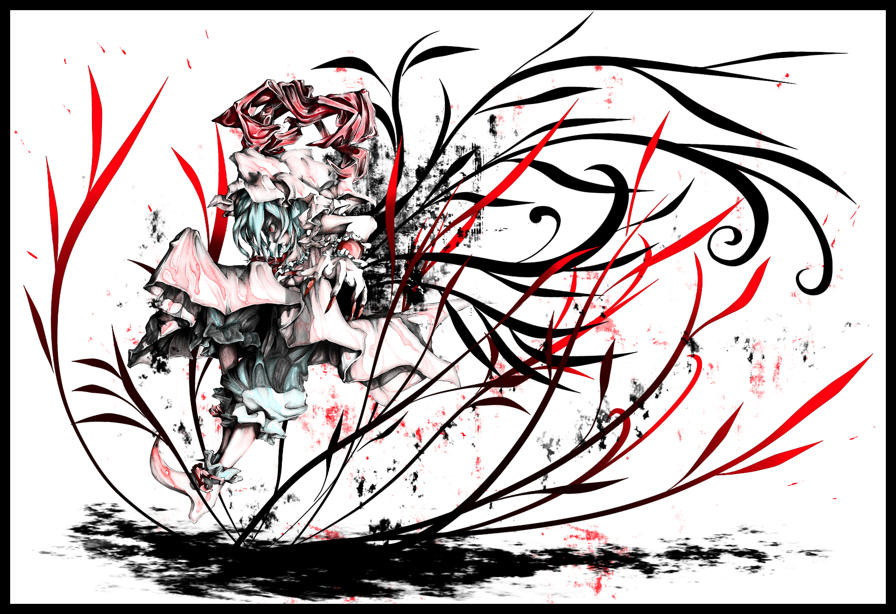 fujinohara akihira, remilia scarlet, touhou, bad id, bad pixiv id, highres, 1girl, blue hair, claws, darkness, female focus, fingernails, nail (hardware), profile, red eyes, red theme, short hair, solo, vampire