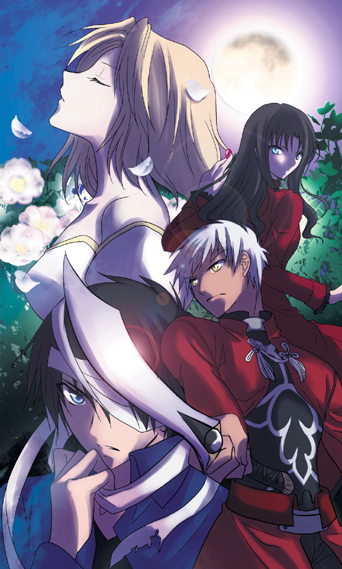 vesper xin, archer (fate), arcueid brunestud, satsujinki, tohno shiki, tohsaka rin, fate/stay night, fate (series), tsukihime, type-moon, 00s, 2boys, 2girls, bandages, blindfold, blonde hair, company connection, crossover, dark-skinned male, dark skin, full moon, kanshou & bakuya (fate), moon, multiple boys, multiple girls, sword, weapon