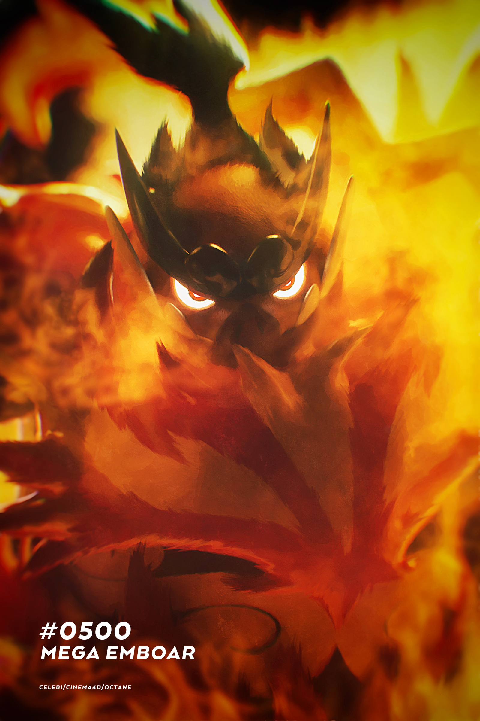 celebi350300687, emboar, mega emboar, nintendo, pokemon, absurdres, commentary request, highres, 3d, artist name, character name, cinema 4d (medium), closed mouth, fangs, fire, gen 5 pokemon, glowing, glowing eyes, mega pokemon, nostrils, pokedex number, pokemon (creature), pokemon focus, solo