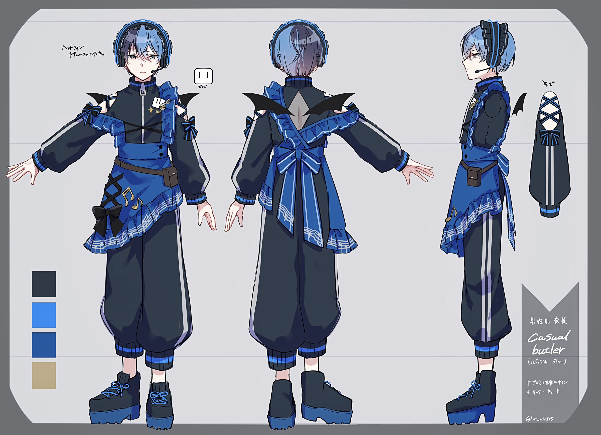 aoyagi touya, tofu (project sekai), project sekai, commentary request, highres, translation request, 1boy, arm at side, black eyes, blue hair, closed mouth, full body, high collar, long sleeves, looking at viewer, male focus, mole, mole under eye, multicolored hair, multiple views, musical note, outstretched hand, reference sheet, shoelaces, short hair, split-color hair, toya108nya, treble clef, twitter username, two-tone hair, wings, zipper, zipper pull tab