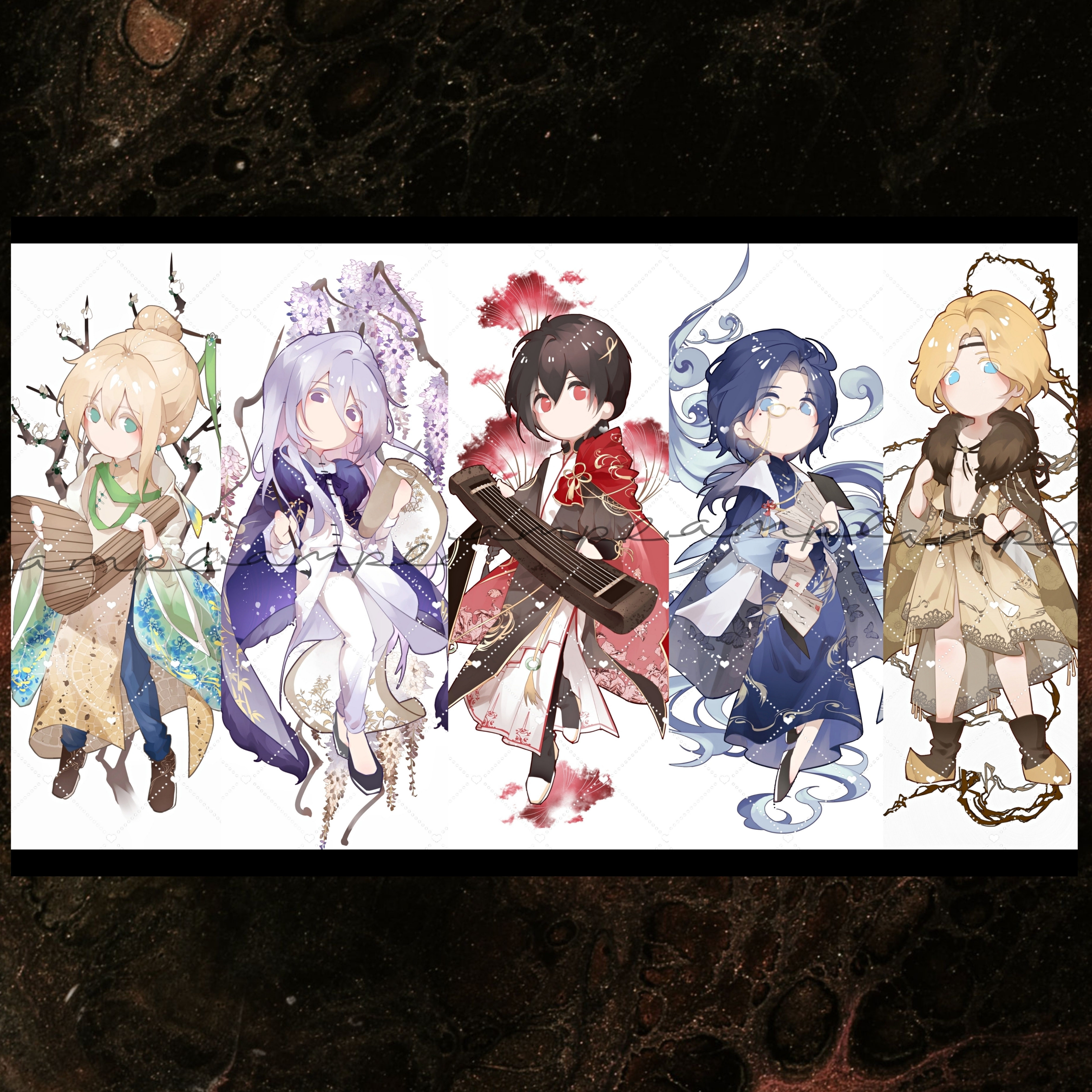 wangulongdong, alkaid mcgrath, ayn alwyn, cael anselm, clarence clayden, lars rorschach, lovebrush chronicles, absurdres, chinese commentary, commentary request, highres, 5boys, animal print, ankle boots, arm guards, bamboo print, bamboo slips, bare legs, black boots, black border, black cape, black hair, black hanfu, black headband, black robe, black shoes, blonde hair, blue eyes, blue hair, blue pants, blue robe, book, boots, border, branch, brown boots, brown cape, brown shoes, butterfly print, calligraphy brush, cape, changpao, chinese clothes, coat, column lineup, curtained hair, dagger, deformed, flats, floral print sleeves, flower, flower knot, full body, fur-trimmed cape, fur trim, gloves, green eyes, green ribbon, green scarf, green sleeves, grey hair, guqin, hair between eyes, hair bun, hair ornament, hair ribbon, hair stick, hanfu, headband, holding, holding book, holding calligraphy brush, holding dagger, holding instrument, holding knife, holding paintbrush, holding scroll, holding weapon, instrument, jade (gemstone), knife, leaf print, letterboxed, long hair, long hair between eyes, long sleeves, looking at viewer, loosely tucked bangs, low ponytail, male focus, mole, mole under eye, monocle, multiple boys, no mouth, official alternate costume, open clothes, open coat, open robe, paintbrush, pants, parted bangs, pointy boots, ponytail, print cape, purple cape, purple eyes, purple flower, red cape, red eyes, red flower, reverse grip, ribbon, ribbon earrings, robe, sample watermark, sash, scarf, scroll, shirt, shoes, short hair, side cape, side slit, sideways glance, simple background, single hair bun, standing, sweater guard, tangzhuang, tassel, tree, two-sided cape, two-sided fabric, very long hair, waist sash, water, watermark, watermark grid, weapon, white background, white coat, white flower, white gloves, white pants, white ribbon, white robe, white shirt, wide sleeves, wisteria, yaopei, yellow cape, yellow robe