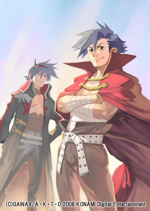 takayama toshiaki, kamina (ttgl), simon (ttgl), tengen toppa gurren lagann, official art, 00s, 2boys, belt, blue hair, cape, coat, male focus, multiple boys, red eyes, sarashi, smile