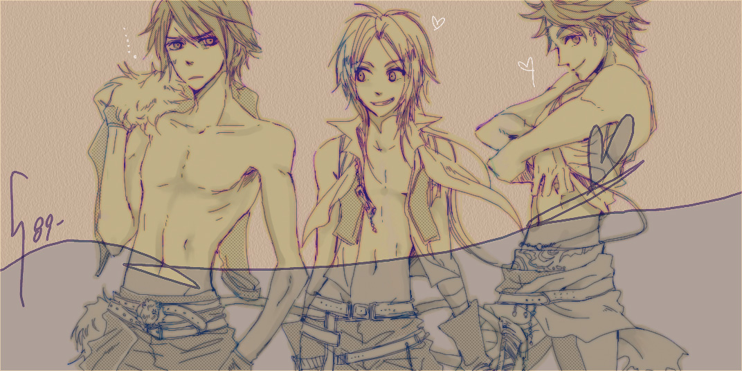 bartz klauser, squall leonhart, zidane tribal, dissidia final fantasy, final fantasy, final fantasy ix, final fantasy v, 00s, 1990s (style), 3boys, bottomless, gloves, heart, long hair, male focus, midriff, monochrome, multiple boys, navel, open clothes, open shirt, pectorals, shirt, short hair, standing, topless male, undressing