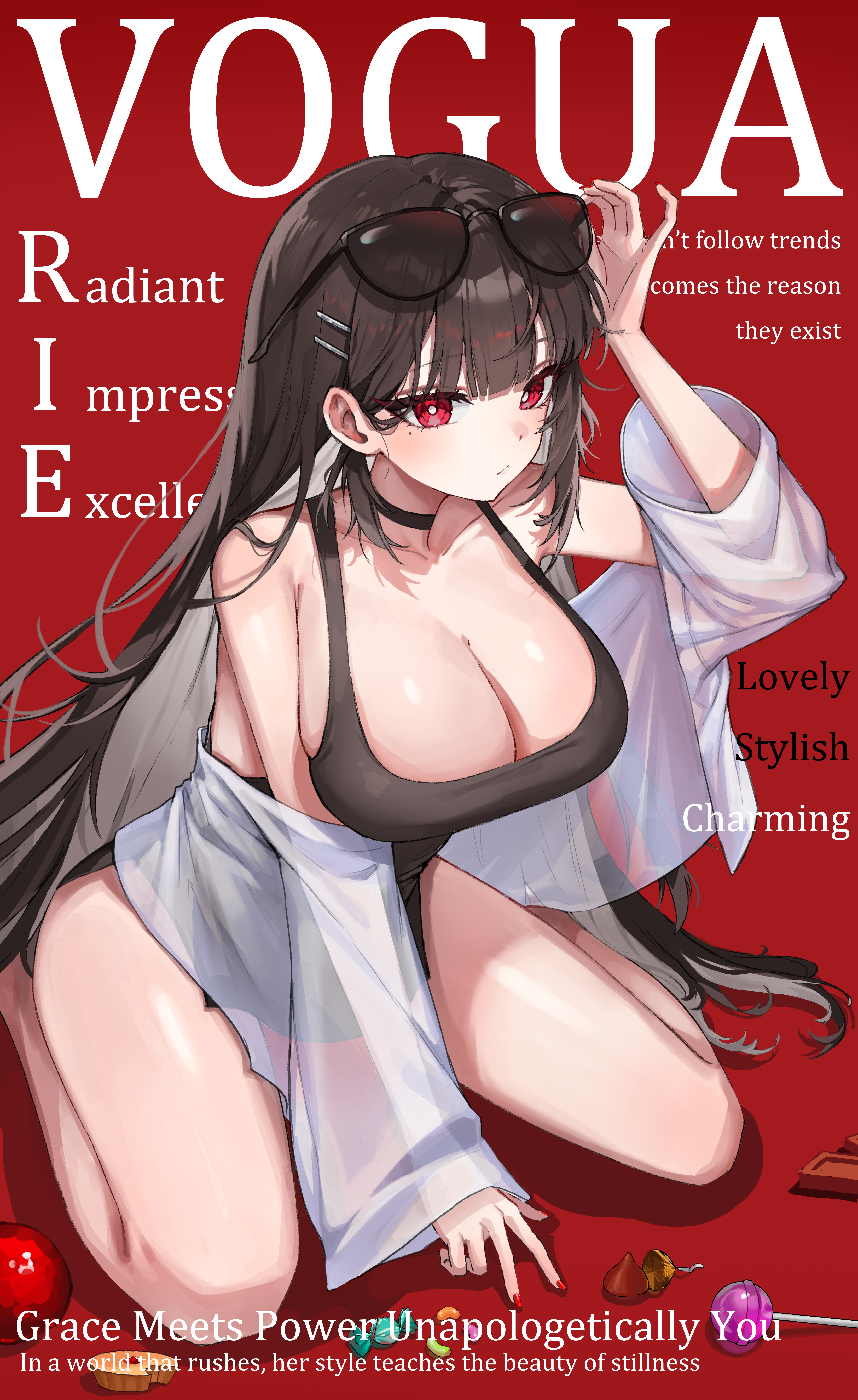nooodle y, rie (mirae yang), original, absurdres, commission, highres, 1girl, arm up, bare shoulders, between legs, black choker, black dress, black hair, breasts, bright pupils, choker, cleavage, dress, eyewear on head, hair ornament, hairclip, hand between legs, jacket, large breasts, long hair, long sleeves, looking at viewer, mole, mole under eye, off shoulder, open clothes, open jacket, red background, red eyes, see-through clothes, see-through sleeves, short dress, sitting, sleeveless, sleeveless dress, solo, sunglasses, thighs, very long hair, wariza, white jacket