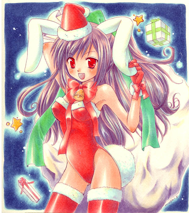 minami kawa, original, marker (medium), millipen (medium), pen (medium), traditional media, 1girl, animal ears, bag, bell, christmas, fake animal ears, female focus, gift, hat, long hair, playboy bunny, purple hair, rabbit ears, red eyes, sack, santa costume, santa hat, solo, thighhighs, twintails