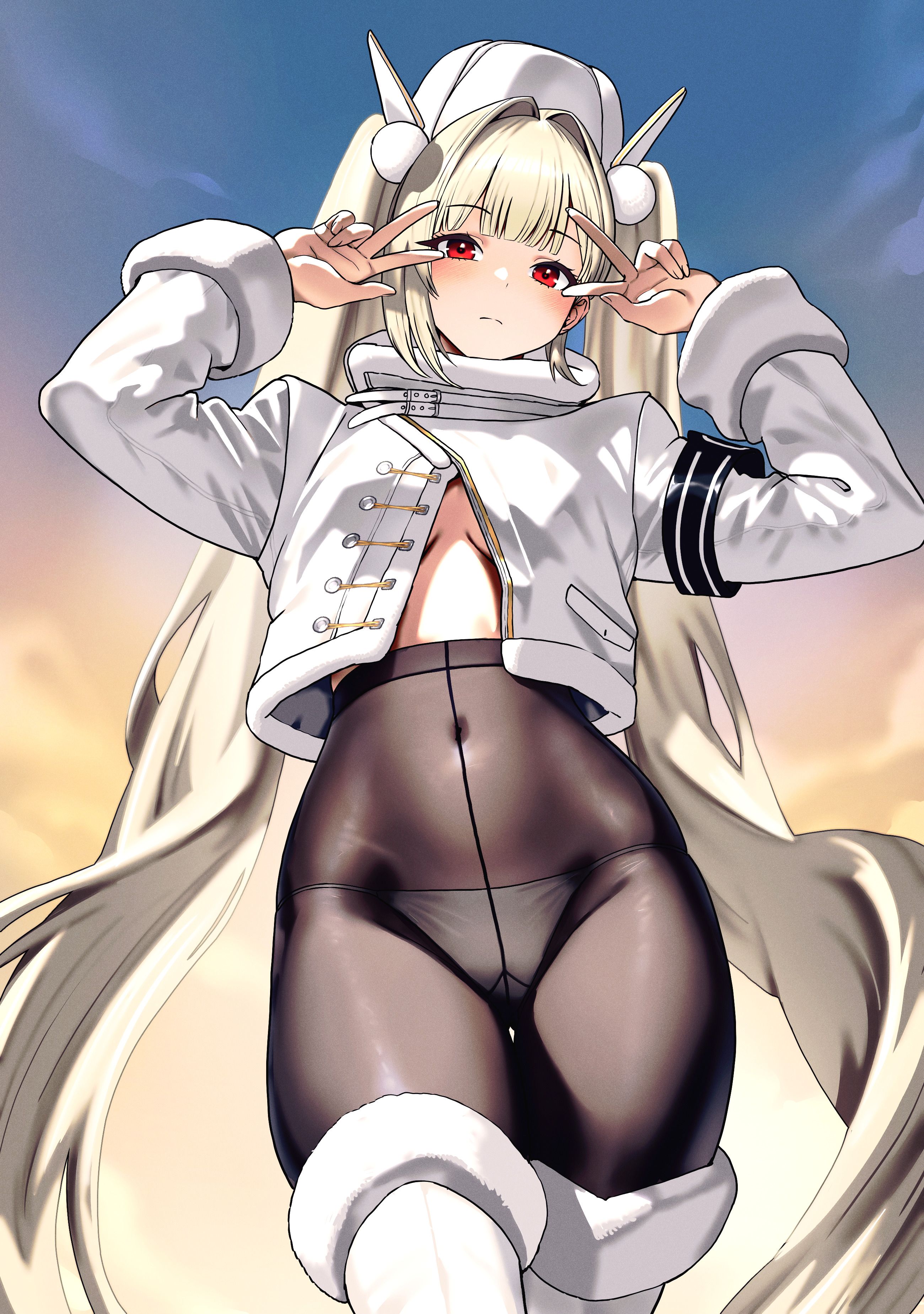 mr tangsuyuk, blanc (fortune express) (nikke), blanc (nikke), goddess of victory: nikke, absurdres, highres, 1girl, breasts, brown pantyhose, closed mouth, covered navel, cowboy shot, cropped jacket, double v, fur trim, gusset, hair intakes, hands up, hat, high-waist pantyhose, jacket, long hair, long sleeves, looking at viewer, medium breasts, official alternate costume, panties, panties under pantyhose, pantyhose, red eyes, solo, standing, string panties, thighhighs, twintails, underwear, v, very long hair, white hair, white hat, white jacket, white panties, white thighhighs