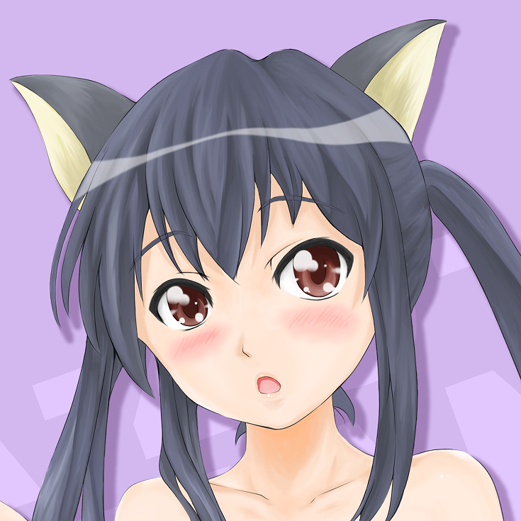 kuro (blackleg), nakano azusa, k-on!, 00s, 1girl, animal ears, black hair, blush, brown eyes, cat ears, cat girl, close-up, female focus, lips, long hair, open mouth, solo, tongue, twintails