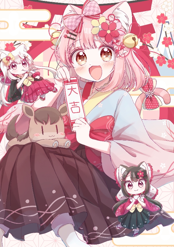 haruiroha, original, commentary, english commentary, textless version, 3girls, :d, animal ear fluff, animal ears, bell, black hair, blue kimono, blunt bangs, blush, bow, bowl, brown hakama, cat ears, cat girl, cat tail, checkered bow, checkered clothes, chibi, chopsticks, closed mouth, eating, feet out of frame, flower, food, hair bell, hair bow, hair flower, hair ornament, hairclip, hakama, hakama skirt, holding, holding bowl, holding chopsticks, holding omikuji, japanese clothes, kimono, long hair, long sleeves, looking at viewer, mochi, multiple girls, new year, omikuji, open mouth, parallel hairclips, pink bow, pink eyes, pink hair, polka dot, polka dot bow, red bow, red flower, red hakama, short hair, skirt, smile, socks, tabi, tail, tail bow, tail ornament, white hair, white socks, wide sleeves, yellow eyes