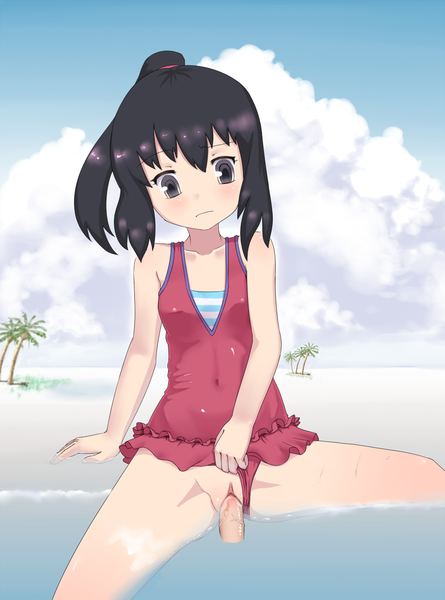 nyonn24, dawn (pokemon), nintendo, pokemon, pokemon: arceus and the jewel of life, pokemon (anime), pokemon dppt (anime), duplicate, beach, blush, clothing aside, flat chest, loli, penis, pussy, sex, spread legs, swimsuit, swimsuit aside, uncensored, vaginal, water
