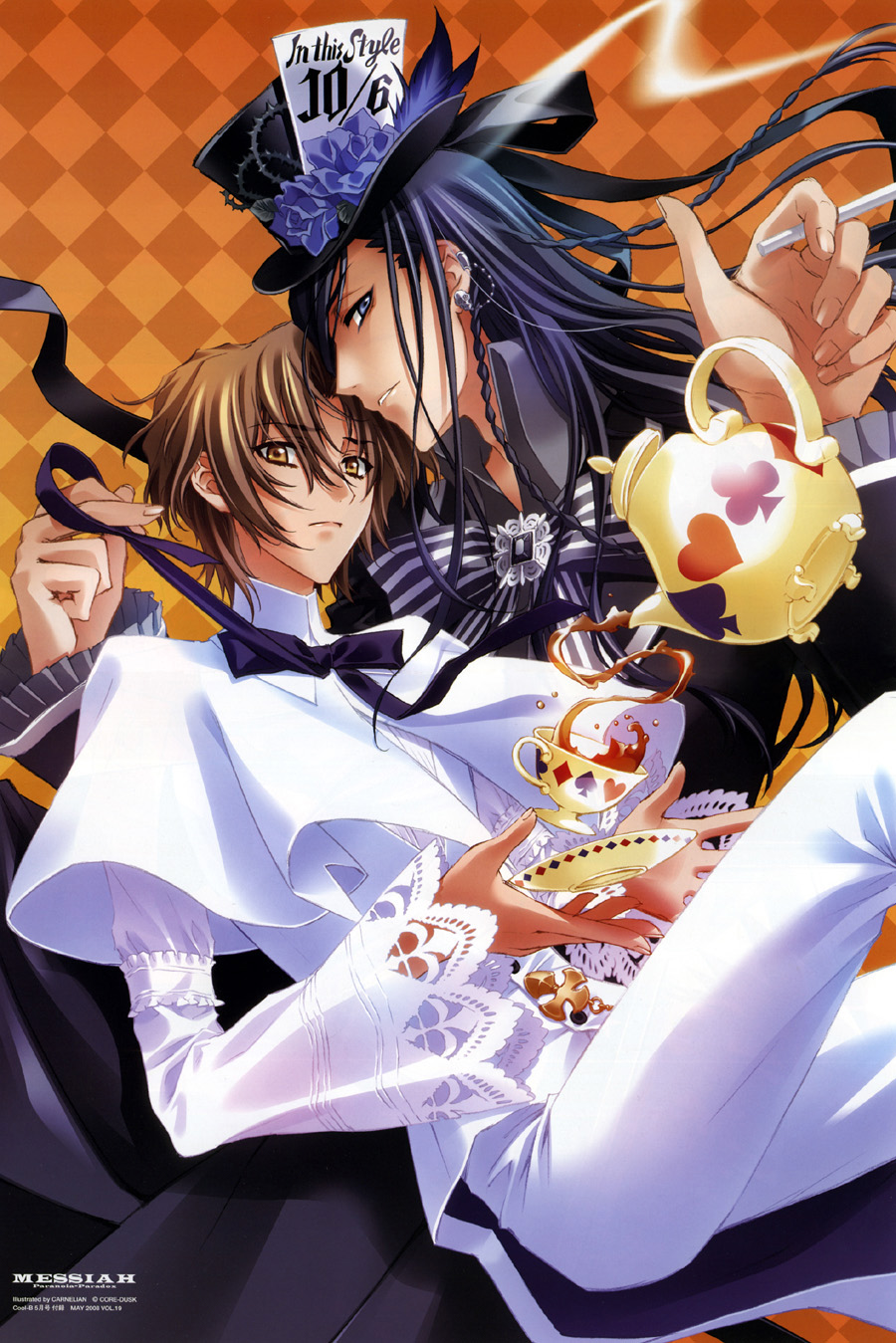 carnelian, katsuragi takuto, mad hatter (alice in wonderland), ogiwara kiyosu, ogiwara shusei, alice's adventures in wonderland, messiah (game), highres, 2boys, :q, black hair, blue eyes, bow, brown hair, capelet, cigarette, cosplay, cup, flower, frills, hat, lace, long hair, mad hatter (alice in wonderland) (cosplay), male focus, multiple boys, plant, ribbon, rose, short hair, tea, teacup, teapot, tongue, tongue out, top hat, yellow eyes