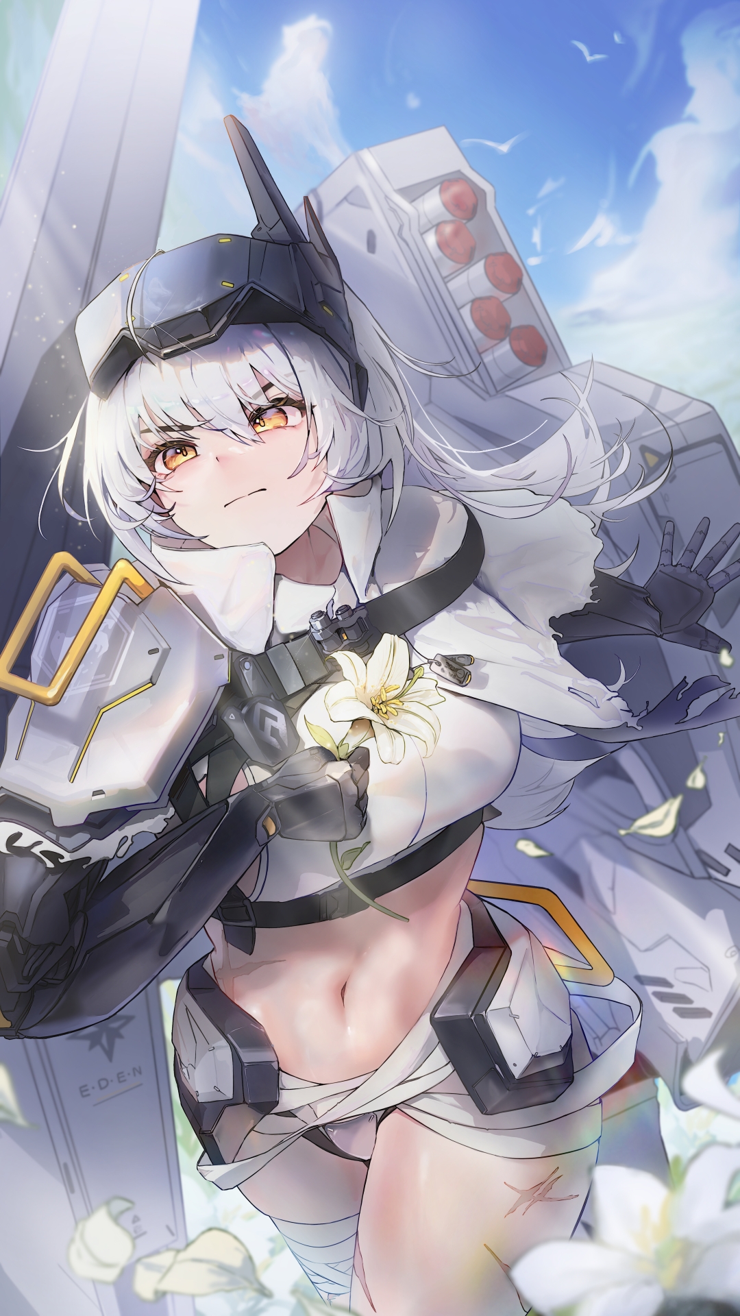 snow white (heavy arms) (nikke), snow white (nikke), goddess of victory: nikke, commentary, highres, 1girl, armor, bandaged leg, bandaged waist, bandages, blue sky, breasts, chest harness, cloak, closed mouth, cloud, crop top, day, dog tags, faulds, field, flower, flower field, hair between eyes, harness, head-mounted display, holding, holding flower, large breasts, lily (flower), long hair, mechanical arms, midriff, navel, official alternate costume, outdoors, pilgrim symbol (nikke), rigging, scar, scar on stomach, scar on thighs, shirt, shoulder armor, sidelocks, skindentation, sky, sleeveless, sleeveless shirt, solo, standing, torn cloak, torn clothes, white cloak, white hair, white shirt, yellow eyes, yujeuuz