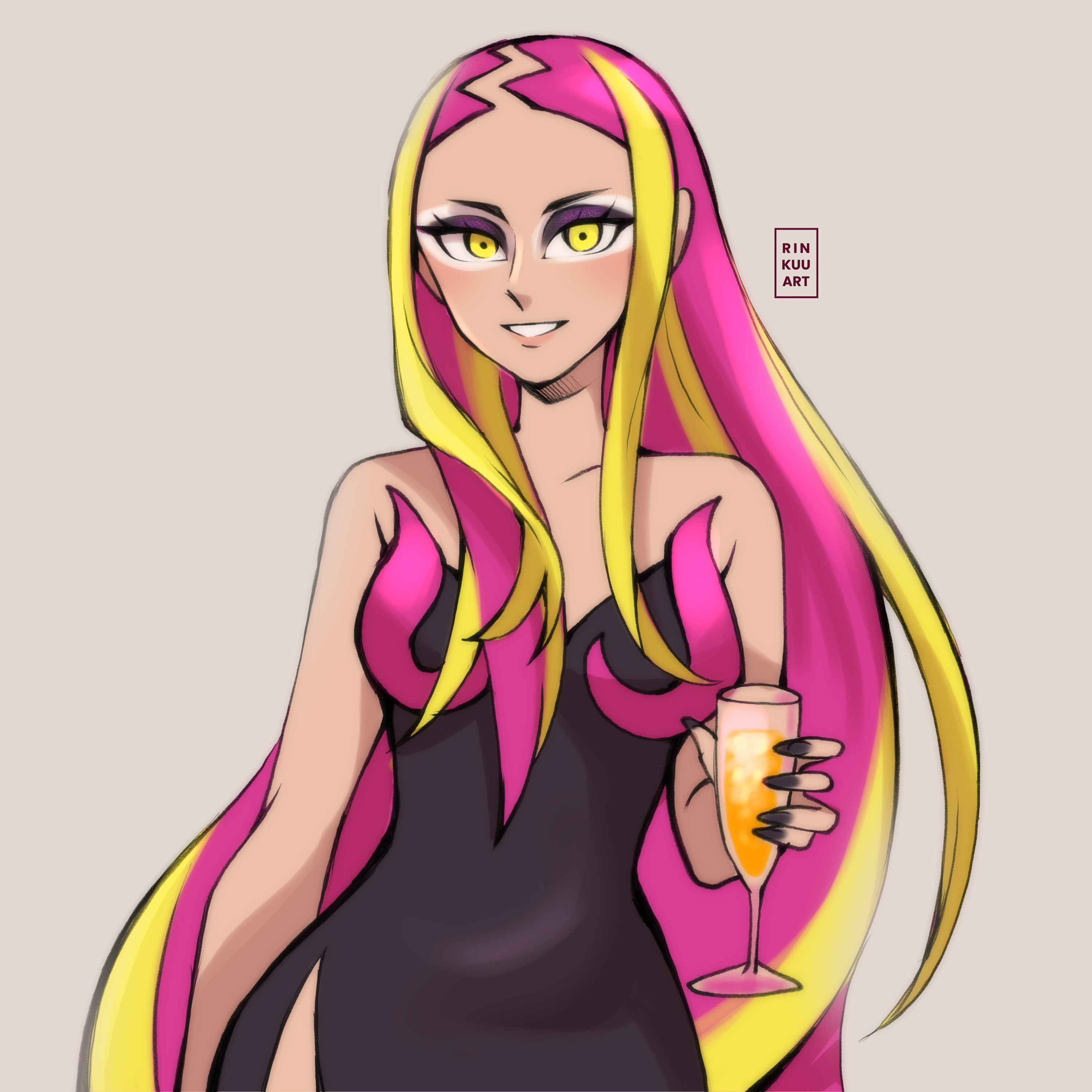 rinkuu art, plumeria (pokemon), nintendo, pokemon, pokemon sm, absurdres, highres, 1girl, alternate hairstyle, black nails, blonde hair, champagne flute, cup, dark-skinned female, dark skin, dress, drinking glass, eyeshadow, facing viewer, ganguro, gyaru, hair down, long hair, looking at viewer, makeup, multicolored hair, nail polish, pink hair, side slit, smile, solo, tan, tanline, two-tone hair, upper body, yellow eyes