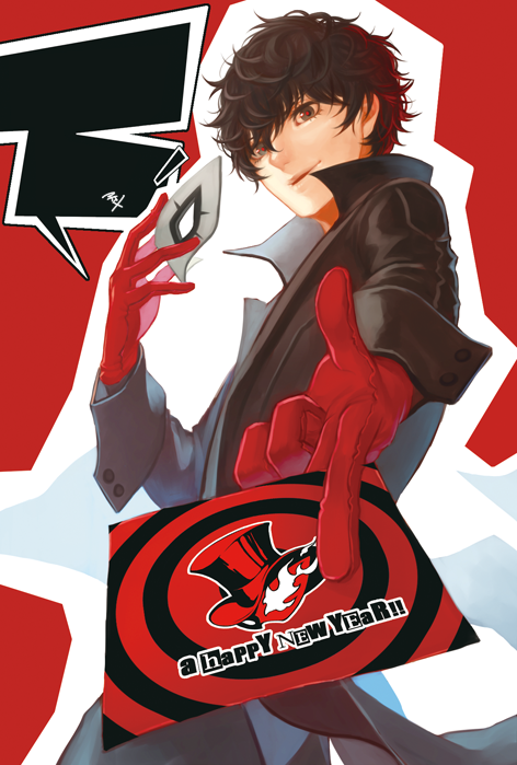 wa (87s-87), amamiya ren, persona, persona 5, 1boy, black hair, brown eyes, card, gloves, happy new year, holding, holding card, long sleeves, looking at viewer, male focus, mask, new year, short hair, smile, solo