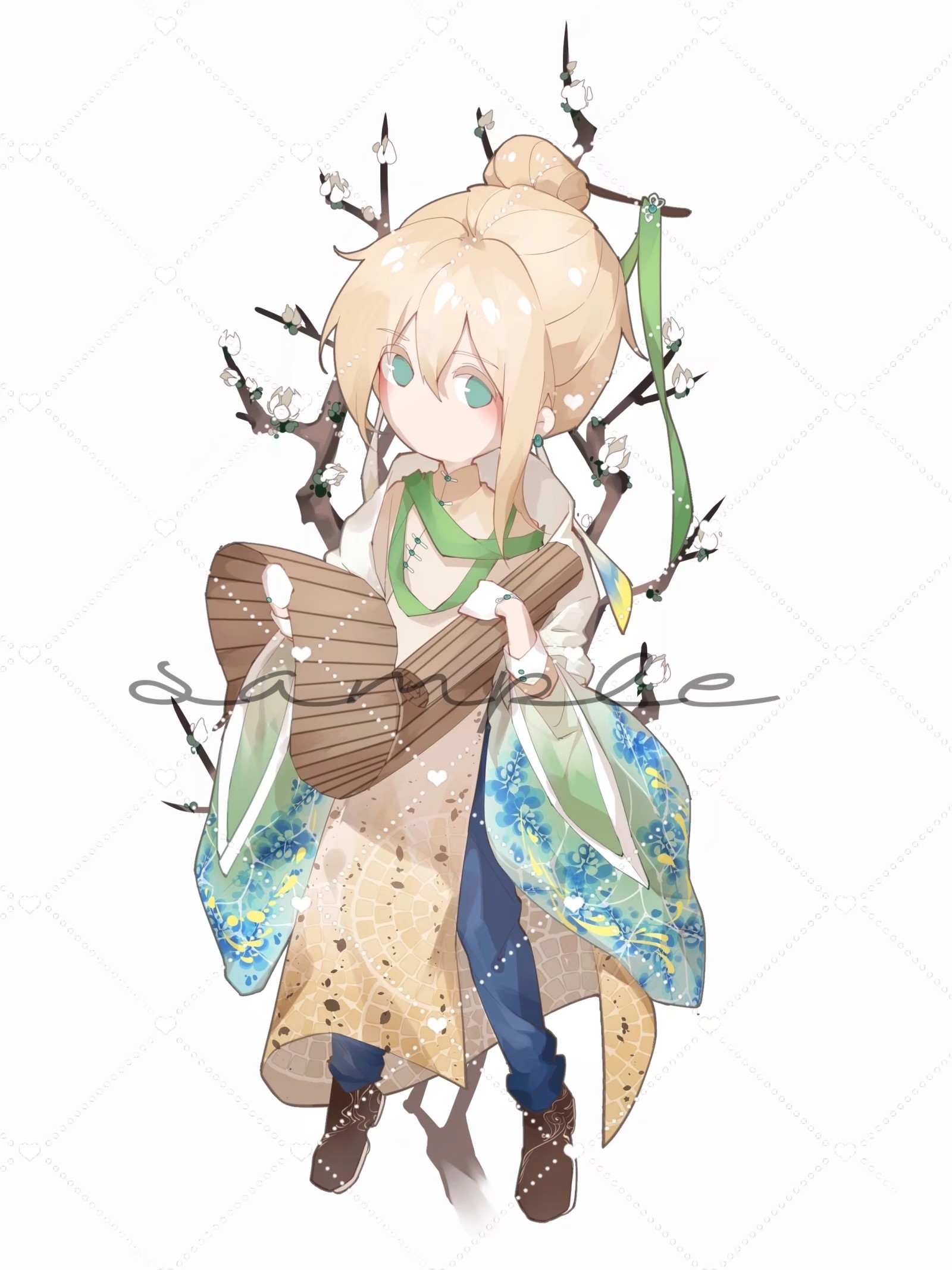 wangulongdong, alkaid mcgrath, lovebrush chronicles, chinese commentary, commentary request, highres, 1boy, alternate hairstyle, bamboo slips, blonde hair, blue pants, brown shoes, changpao, chinese clothes, coat, deformed, floral print sleeves, flower, full body, gloves, green eyes, green ribbon, green scarf, green sleeves, hair between eyes, hair bun, hair ornament, hair ribbon, hair stick, holding, holding scroll, long sleeves, looking at viewer, male focus, no mouth, official alternate costume, open clothes, open coat, pants, ribbon, ribbon earrings, robe, sample watermark, scarf, scroll, shirt, shoes, side slit, sideways glance, simple background, single hair bun, solo, tree, watermark, watermark grid, white background, white coat, white flower, white gloves, white ribbon, white shirt, wide sleeves, yellow robe