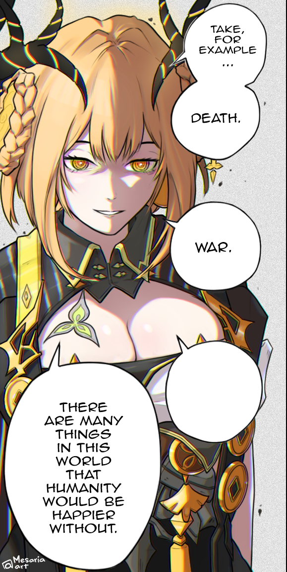 mesaria art, makima (chainsaw man), zhiliu (duet night abyss), chainsaw man, duet night abyss, derivative work, 1girl, @ @, antlers, artist name, black shirt, blonde hair, braid, breasts, cleavage, cleavage cutout, clothing cutout, collared shirt, comic panel redraw, english text, horns, large breasts, long hair, looking at viewer, no mole, parody, shirt, smile, solo, speech bubble, upper body, white background, yellow eyes