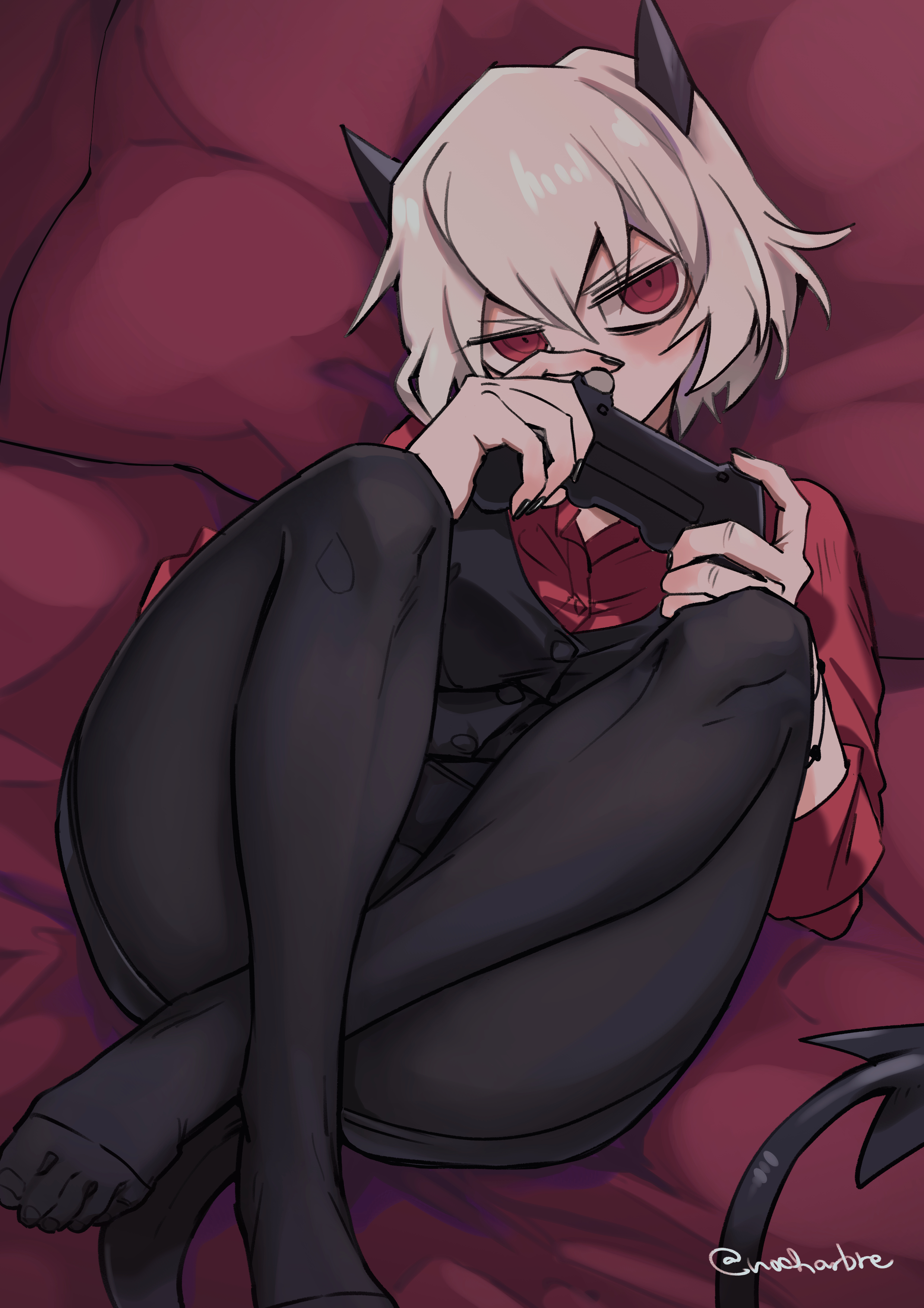 noah (tettsui-sole), malina (helltaker), helltaker, absurdres, highres, 1girl, black horns, black pantyhose, black tail, black vest, controller, crossed legs, demon girl, demon horns, demon tail, feet, from above, game controller, hair between eyes, holding, holding controller, holding game controller, horns, looking at viewer, lying, on back, pantyhose, red eyes, red shirt, shirt, short hair, solo, tail, toes, twitter username, vest, waistcoat, white hair