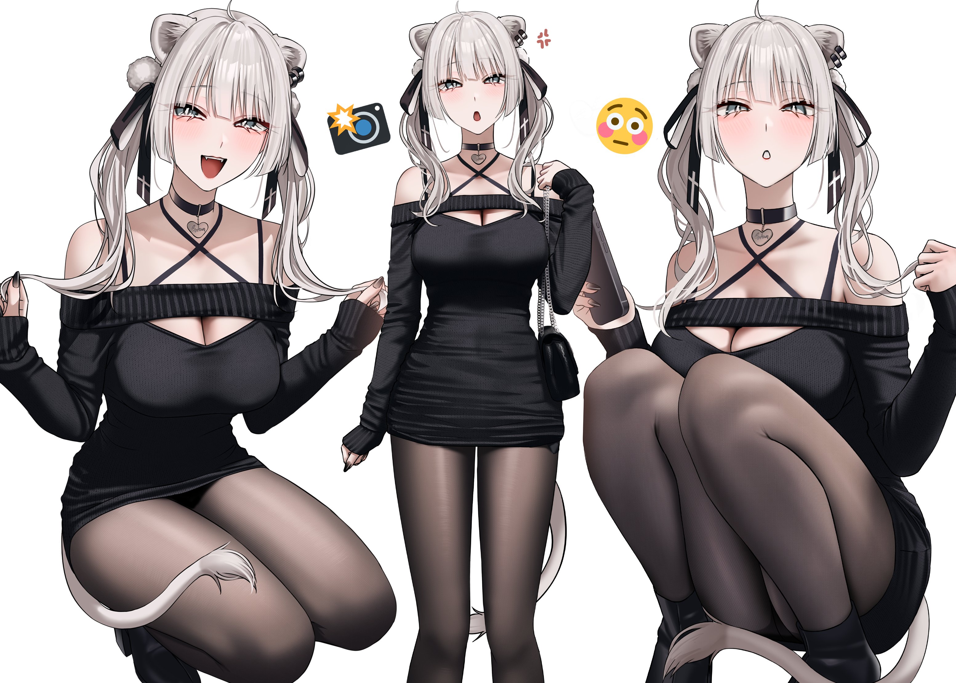 wanne, shishiro botan, hololive, commentary request, highres, translation request, 1girl, :d, ahoge, alternate costume, anger vein, animal ear piercing, animal ears, bag, black dress, black nails, black pantyhose, black shoes, blue eyes, blunt bangs, blush, breasts, cleavage, criss-cross halter, dress, fingernails, full body, hair ribbon, halterneck, hand up, hands up, heart pendant, high heels, holding, holding own hair, large breasts, lion ears, lion girl, lion tail, long hair, long sleeves, looking at viewer, mask, mask around neck, mouth mask, off-shoulder dress, off shoulder, open mouth, pantyhose, parted lips, pendant choker, ribbon, shoes, short dress, shoulder bag, simple background, sleeves past wrists, smile, sneakers, squatting, standing, tail, twintails, variations, virtual youtuber, white background