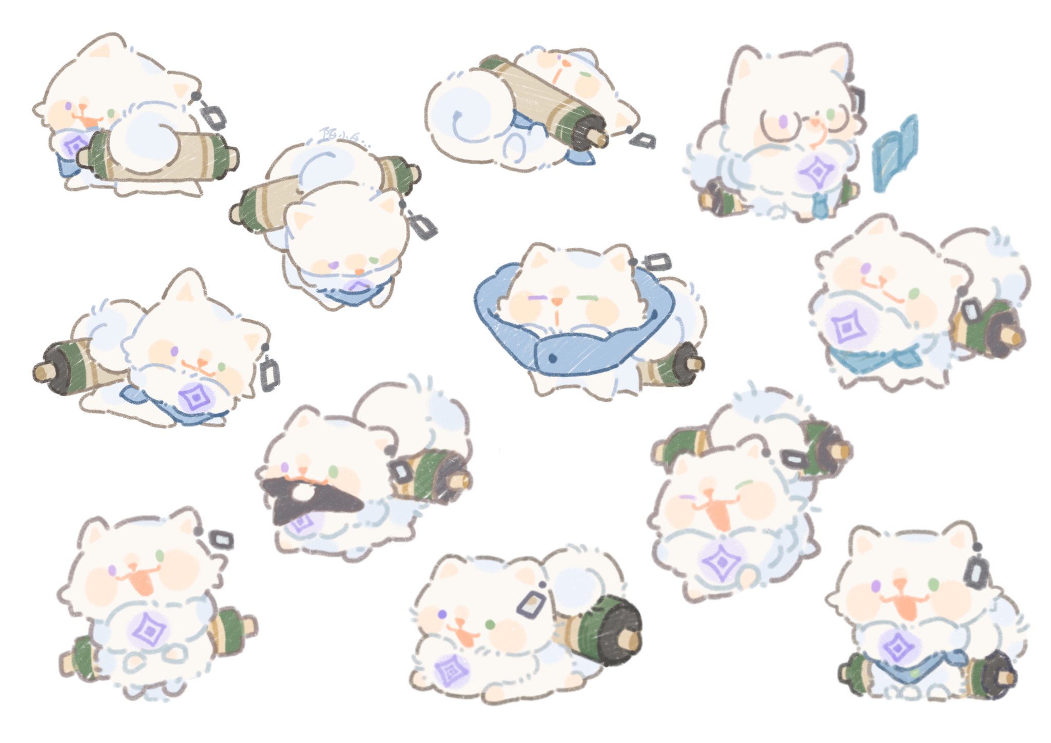 shuxingbuming moxiaobai, murakumo kagetsu, watakumo (murakumo kagetsu), nijisanji, highres, :3, :p, animalization, book, chibi, dog, glasses, green eyes, heterochromia, holding, holding scroll, holding shuriken, holding weapon, open book, open mouth, purple eyes, scroll, shuriken, simple background, smile, tongue, tongue out, virtual youtuber, weapon, white background