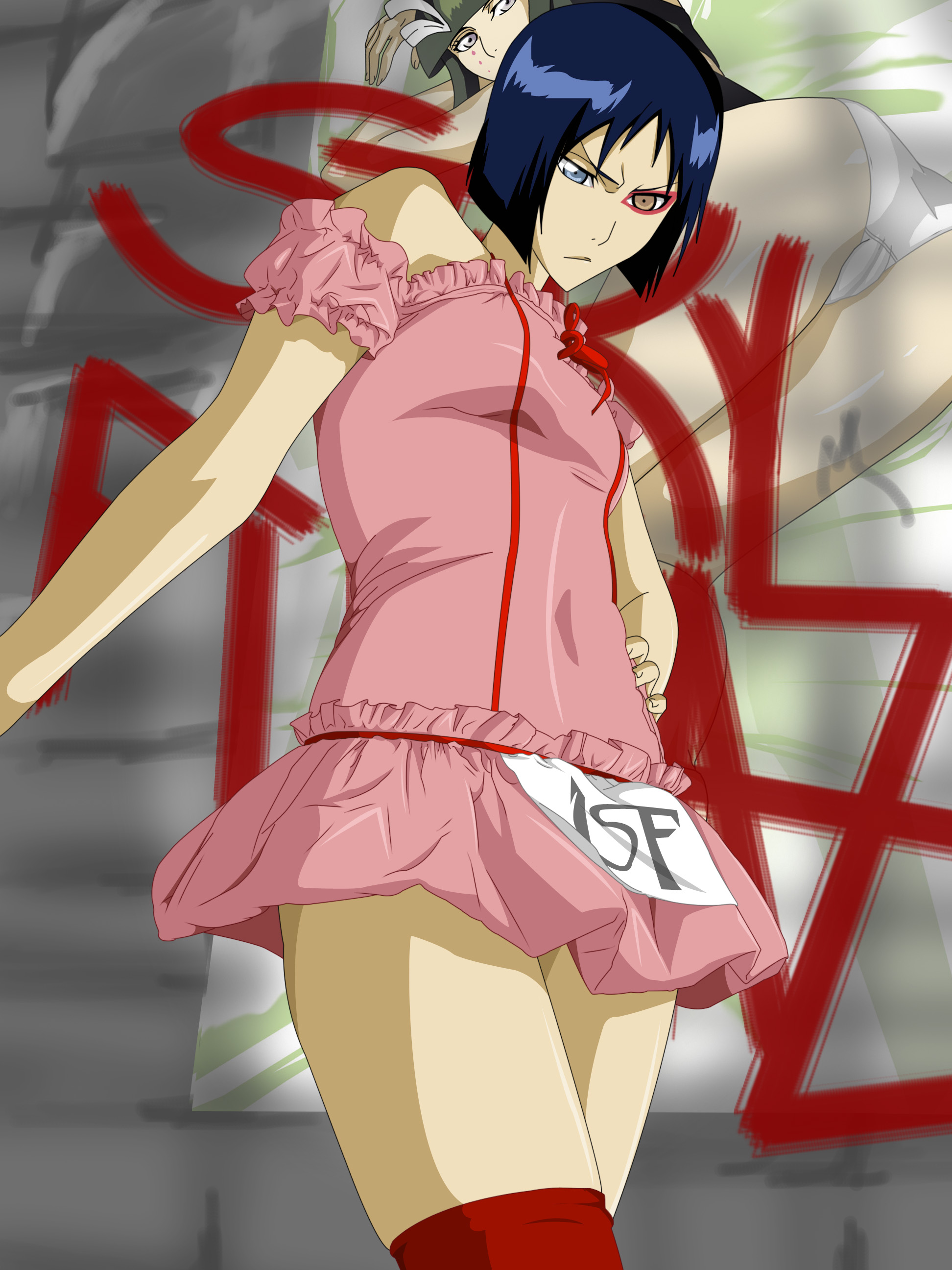 stiky finkaz, cyan sung-sun, emilou apacci, bleach, absurdres, highres, blue hair, green eyes, heterochromia, orange eyes, pantyhose, short hair