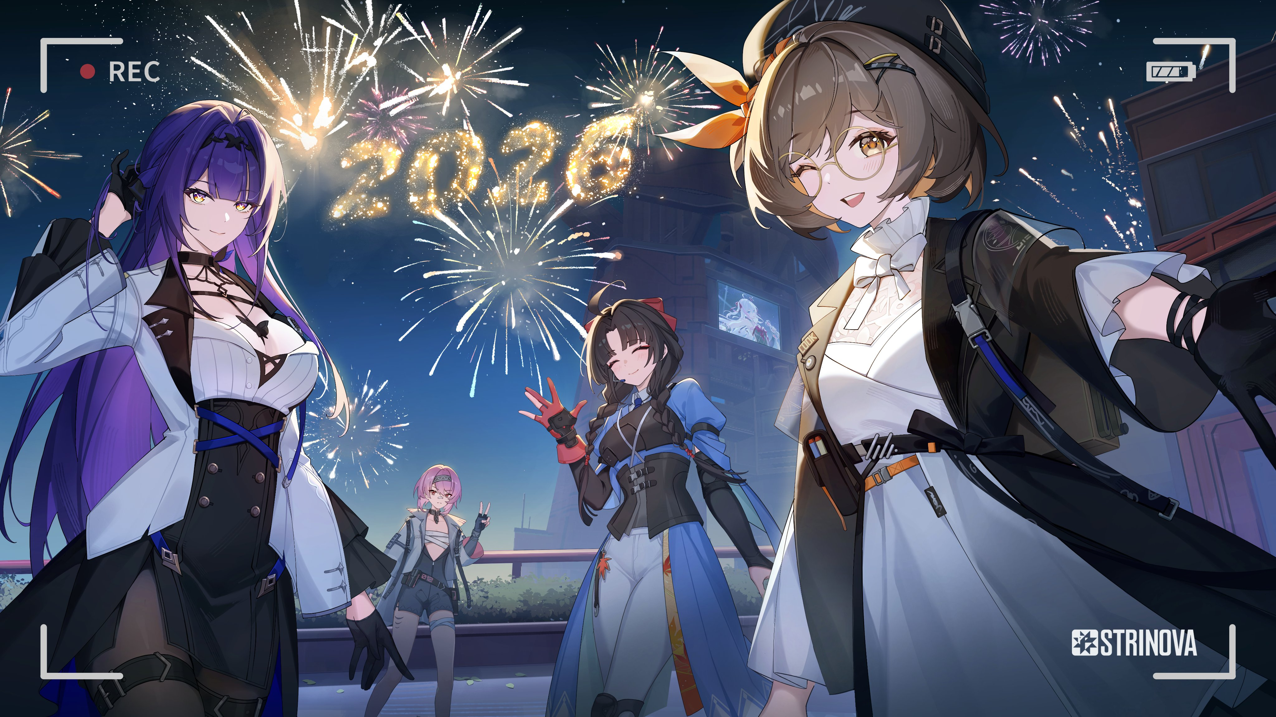 chiyo (strinova), flavia (strinova), fuchsia (strinova), kanami (strinova), maddelena (strinova), strinova, absurdres, artist request, commentary, english commentary, highres, official art, 2026, 4girls, battery indicator, beret, black hair, black hat, breasts, brown eyes, brown hair, chest sarashi, closed eyes, closed mouth, colored inner hair, copyright name, dress, facing viewer, fireworks, glasses, hat, large breasts, long hair, looking at viewer, multicolored hair, multiple girls, new year, night, open mouth, orange hair, outdoors, pants, pink hair, purple hair, recording, round eyewear, sarashi, short hair, smile, standing, viewfinder, white dress, white pants, yellow eyes
