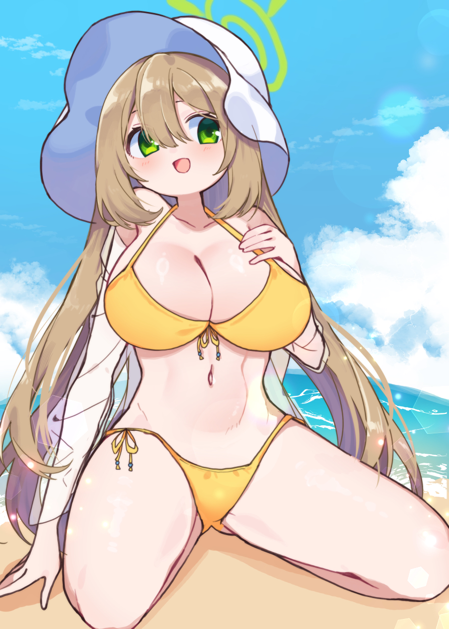 yomoi, nonomi (blue archive), blue archive, commentary request, highres, partial commentary, 1girl, beach, bikini, blue sky, breasts, brown hair, cloud, collarbone, double-parted bangs, green eyes, green halo, hair between eyes, halo, hat, jacket, kneeling, large breasts, light blush, long hair, midriff, navel, ocean, open mouth, removing jacket, sand, sky, smile, solo, swimsuit, very long hair, white hat, white jacket, yellow bikini
