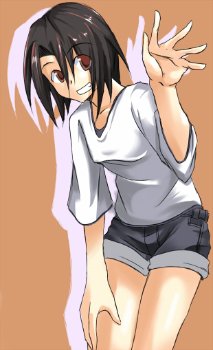 ment, 1girl, black hair, brown eyes, female focus, short hair, simple background, smile, solo, standing