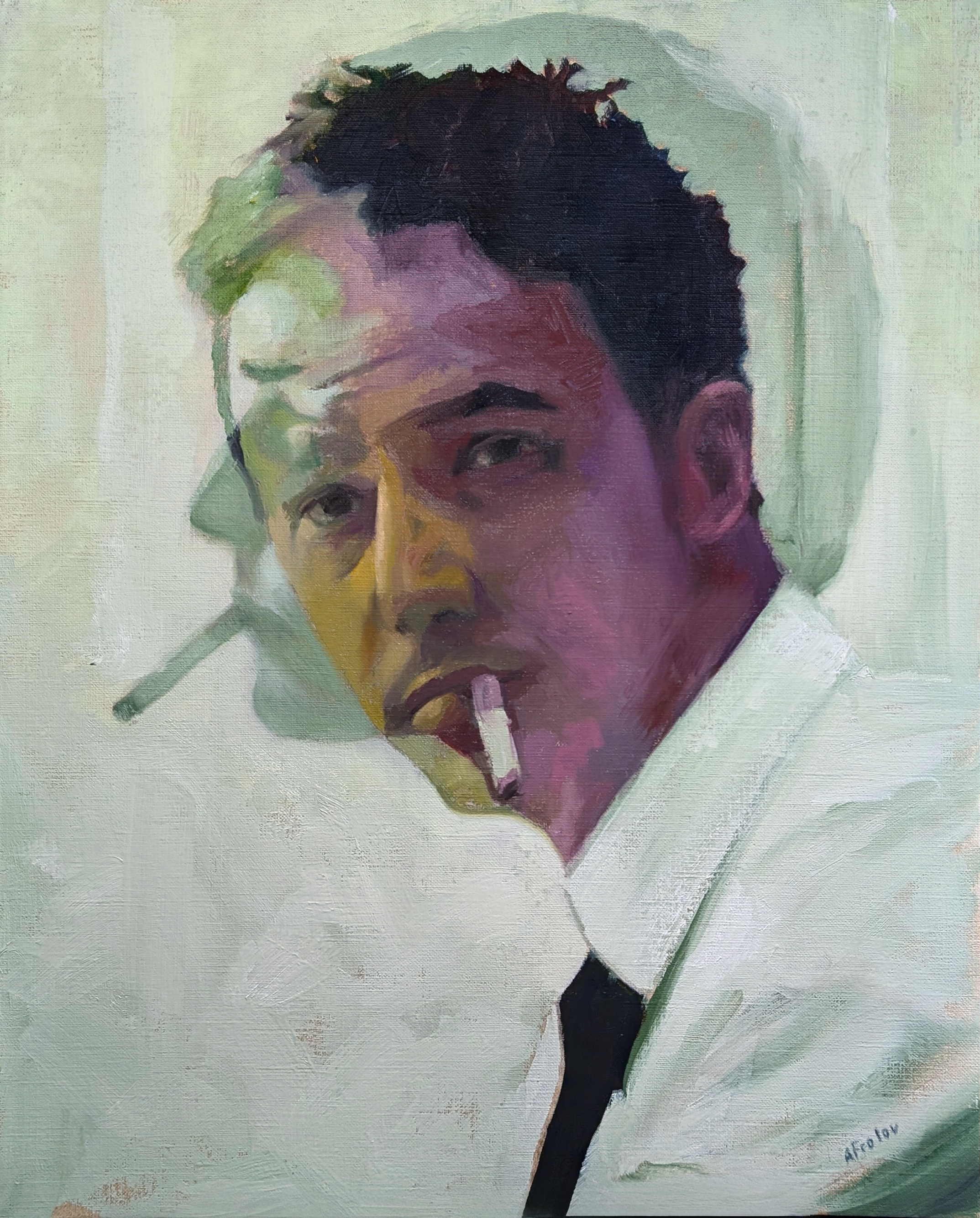 fight club, absurdres, commentary, english commentary, highres, 1boy, black hair, cigarette, close-up, collared shirt, kznsq, looking at viewer, male focus, necktie, portrait, shirt, short hair, solo, the narrator (fight club)