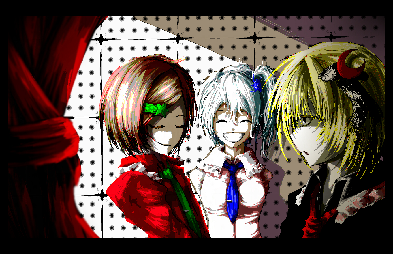 fujinohara akihira, lunasa prismriver, lyrica prismriver, merlin prismriver, touhou, bad id, bad pixiv id, 3girls, blonde hair, blue hair, brown hair, female focus, multiple girls, necktie, short hair, standing, upper body