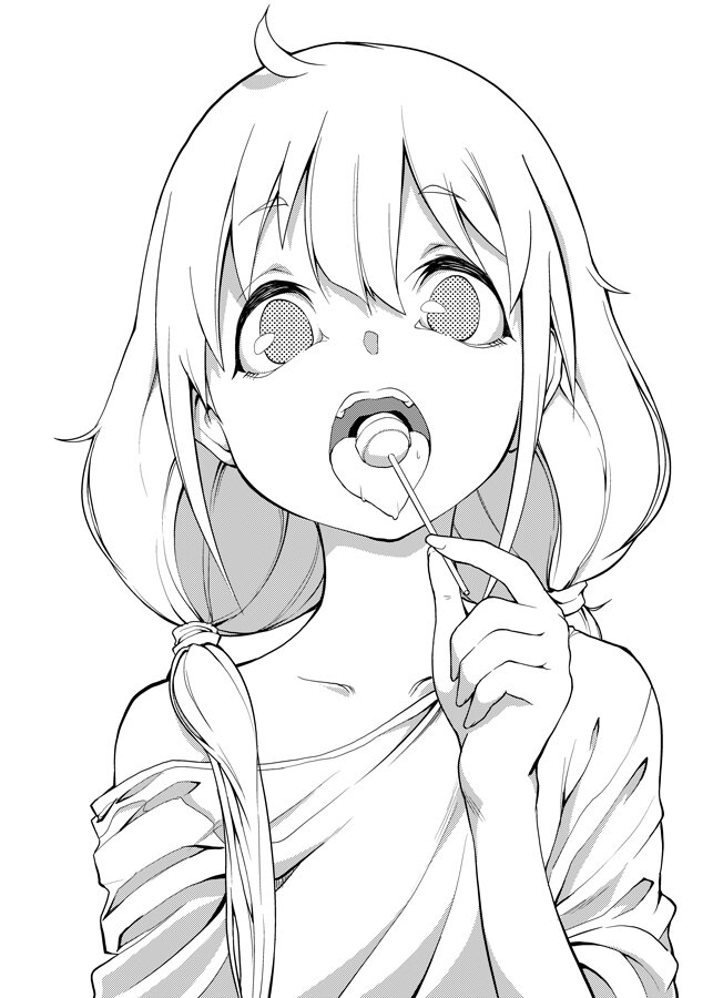 yozo (stanky), futaba anzu, idolmaster, idolmaster cinderella girls, commentary request, 1girl, candy, food, greyscale, hair tie, holding, holding candy, holding food, holding lollipop, lollipop, low twintails, monochrome, off shoulder, open mouth, shirt, solo, tongue, tongue out, twintails, upper body
