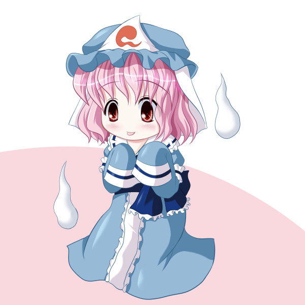 riku (rikkuru), saigyouji yuyuko, touhou, 1girl, :p, female focus, ghost, hat, hitodama, long sleeves, pink hair, sleeves past wrists, solo, tongue, tongue out