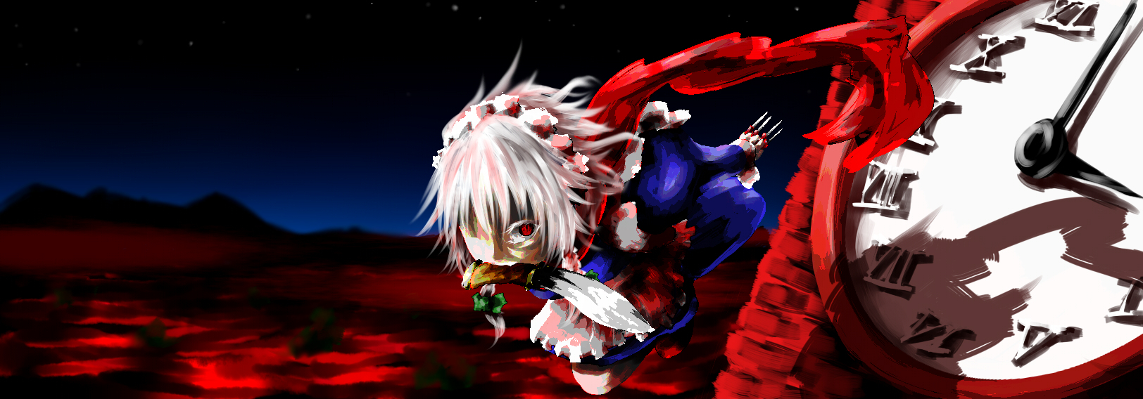 fujinohara akihira, izayoi sakuya, touhou, silver hair, highres, long image, wide image, 1girl, bow, clock, female focus, headband, knife, maid, outdoors, red eyes, scarf, short hair, sky, solo, throwing knife, weapon