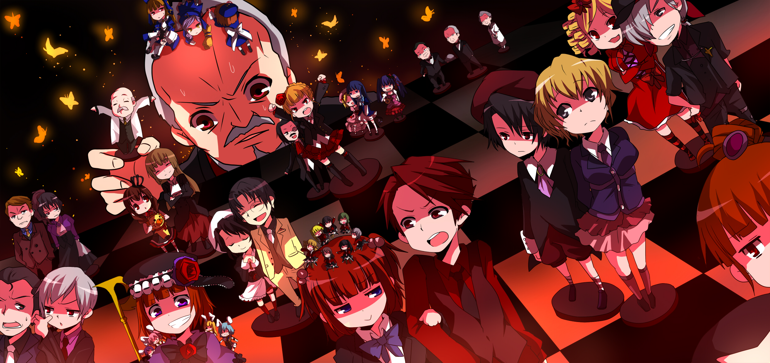 pun2, ryukishi07, amakusa juuza, asmodeus (umineko), beatrice (umineko), beelzebub (umineko), belphegor (umineko), chiester00, chiester410, chiester45, chiester556, chiester sisters, cornelia (umineko), dlanor a. knox, eiserne jungfrau, eva beatrice, frederica bernkastel, furudo erika, gaap (umineko), gertrude (umineko), gouda toshirou, kanon (umineko), kumasawa chiyo, lambdadelta, leviathan (umineko), lucifer (umineko), mammon (umineko), nanjou terumasa, ronoue genji, ronove (umineko), sakutarou (umineko), satan (umineko), shannon (umineko), stakes of purgatory, ushiromiya ange, ushiromiya battler, ushiromiya eva, ushiromiya george, ushiromiya hideyoshi, ushiromiya jessica, ushiromiya kinzou, ushiromiya krauss, ushiromiya kyrie, ushiromiya maria, ushiromiya natsuhi, ushiromiya rosa, ushiromiya rudolf, no naku koro ni (series), umineko no naku koro ni, silver hair, bad id, bad pixiv id, highres, long image, wide image, > <, 00s, 6+boys, 6+girls, :>, animal ears, annoyed, black eyes, black hair, blonde hair, blue eyes, blue hair, blunt bangs, board game, boots, bow, brown hair, bug, butterfly, chess, closed eyes, couple, crown, dress, eyepatch, formal clothes, garter straps, glasses, green hair, grin, hair bobbles, hair ornament, hat, hetero, insect, kneehighs, long hair, monocle, multiple boys, multiple girls, necktie, orange hair, pantyhose, pink hair, pleated skirt, purple hair, rabbit ears, red eyes, red hair, short hair, skirt, smile, socks, suit, thighhighs, twintails, yellow eyes, zettai ryouiki