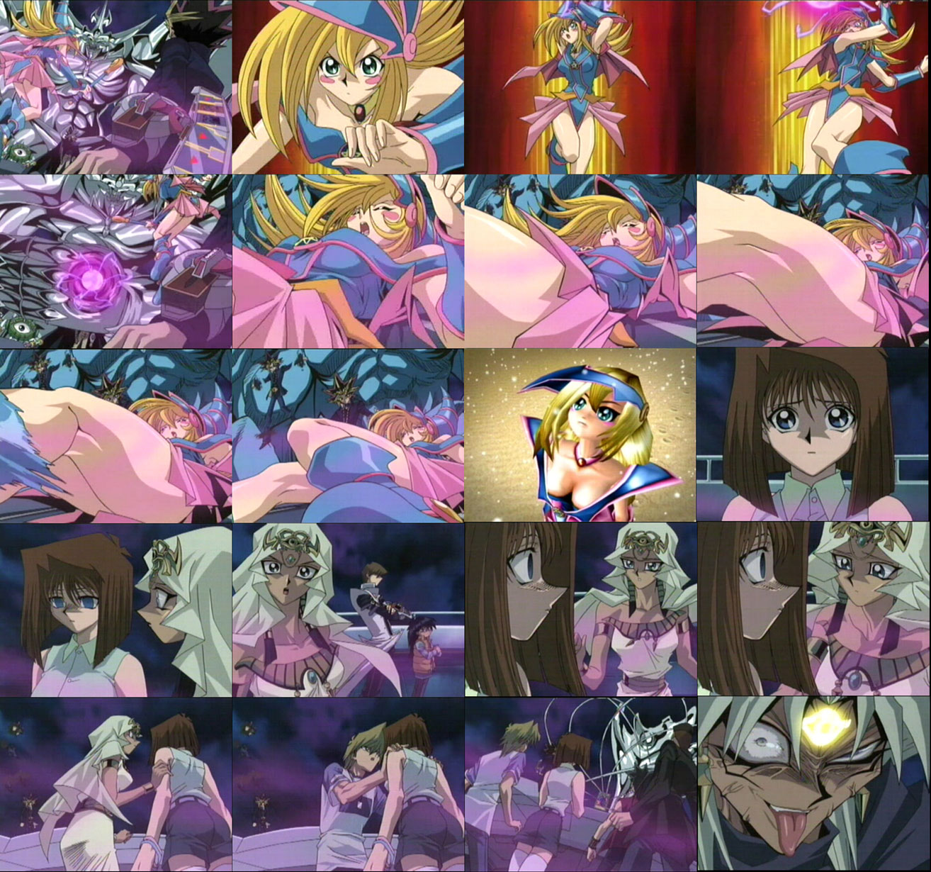dark magician girl, ishizu ishtar, mazaki anzu, yami marik, yu-gi-oh!, yu-gi-oh! duel monsters, screencap, highres, 00s, blonde hair, brown hair, duel monster