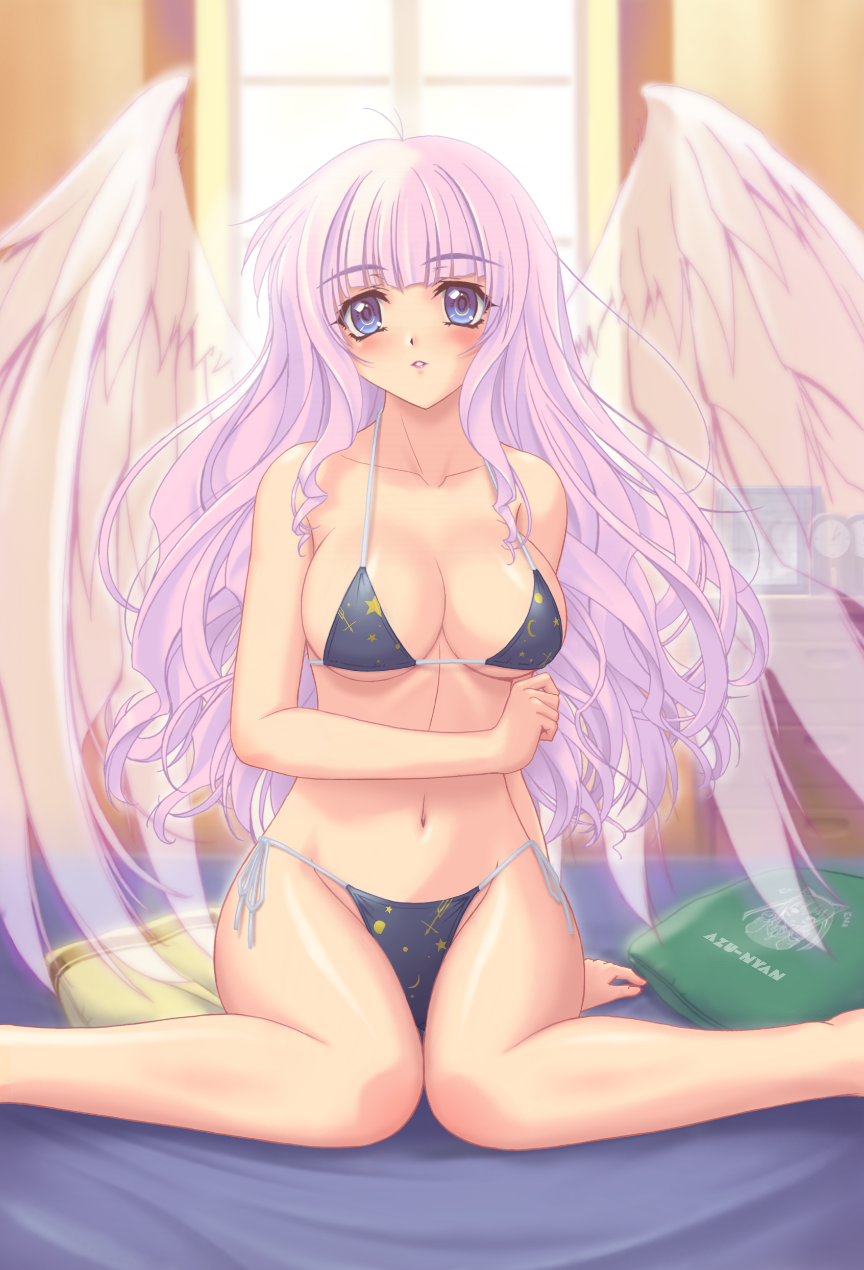 r1, absurdres, highres, 1girl, angel, bikini, blue eyes, blush, breasts, cleavage, female focus, long hair, navel, pink hair, side-tie bikini bottom, solo, swimsuit, window, wings