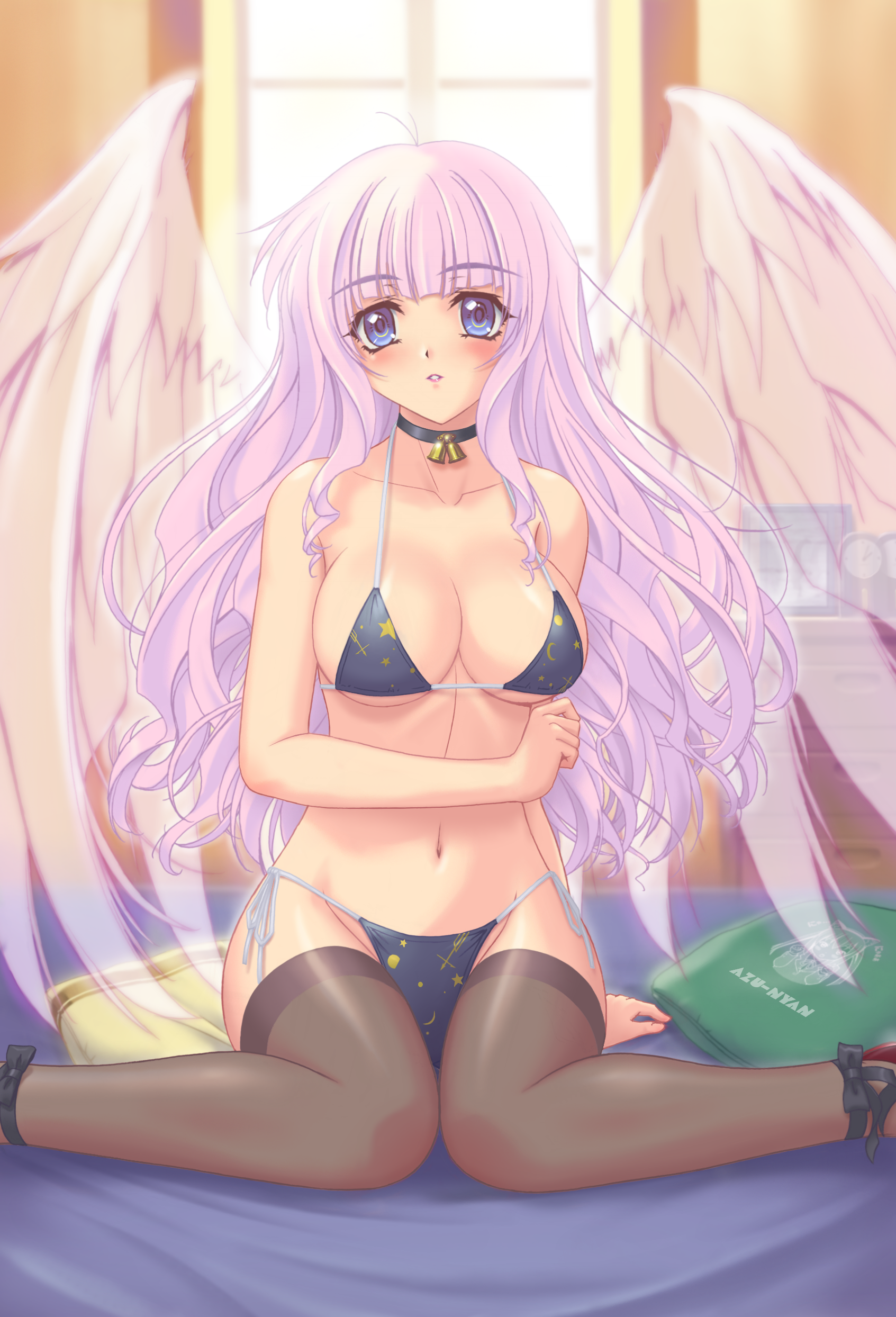 r1, absurdres, highres, 1girl, angel, bell, bikini, blue eyes, breasts, choker, cleavage, female focus, large breasts, long hair, navel, pink hair, solo, swimsuit, thighhighs, window, wings