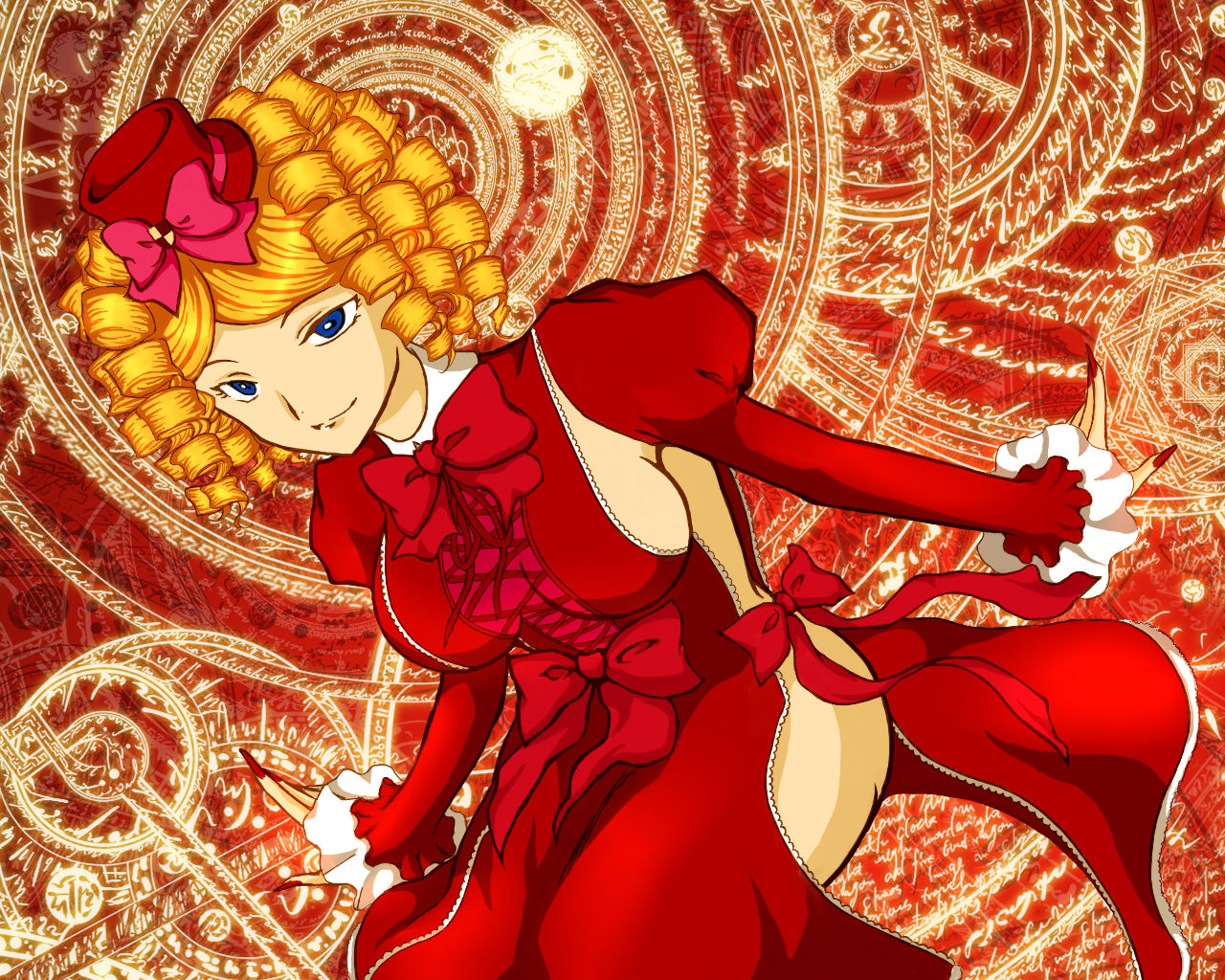 mm17, gaap (umineko), umineko no naku koro ni, 00s, 1girl, blonde hair, blue eyes, bow, breasts, curly hair, female focus, fingernails, hat, large breasts, magic circle, mini hat, mini top hat, nail (hardware), octagram, pink bow, sideboob, solo, top hat