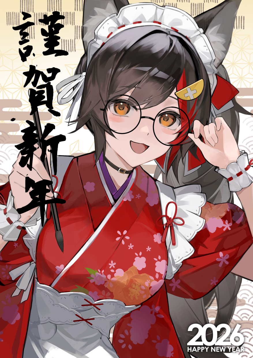 cine (wazd0183), ookami mio, ookami mio (new year), hololive, commentary request, highres, translation request, 1girl, 2026, ||/, adjusting eyewear, animal ears, apron, black-framed eyewear, black choker, black hair, breasts, choker, floral print, glasses, hand up, happy new year, holding, holding paintbrush, japanese clothes, kimono, long hair, looking at viewer, maid, maid headdress, medium breasts, multicolored hair, new year, official alternate costume, open mouth, paintbrush, print kimono, red kimono, red streaks, round eyewear, smile, solo, streaked hair, upper body, virtual youtuber, wa maid, white apron, wolf ears, wolf girl, wrist cuffs, yellow eyes
