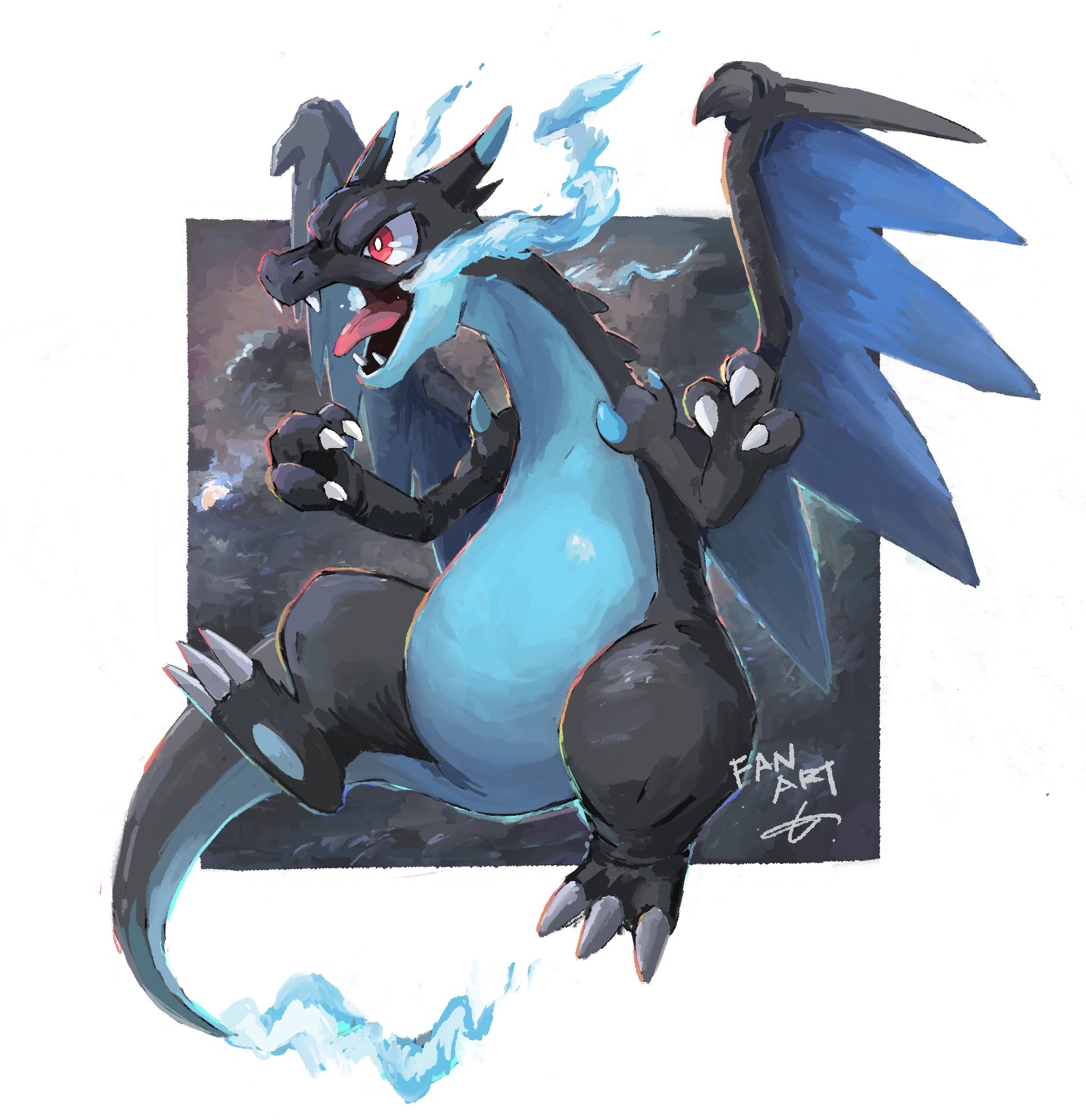 momota pix, charizard, mega charizard x, nintendo, pokemon, commentary request, highres, blue fire, bright pupils, claws, dragon, fangs, fire, full body, gen 1 pokemon, mega pokemon, no humans, open mouth, pokemon (creature), pokemon focus, red eyes, solo, tongue, white pupils, wings