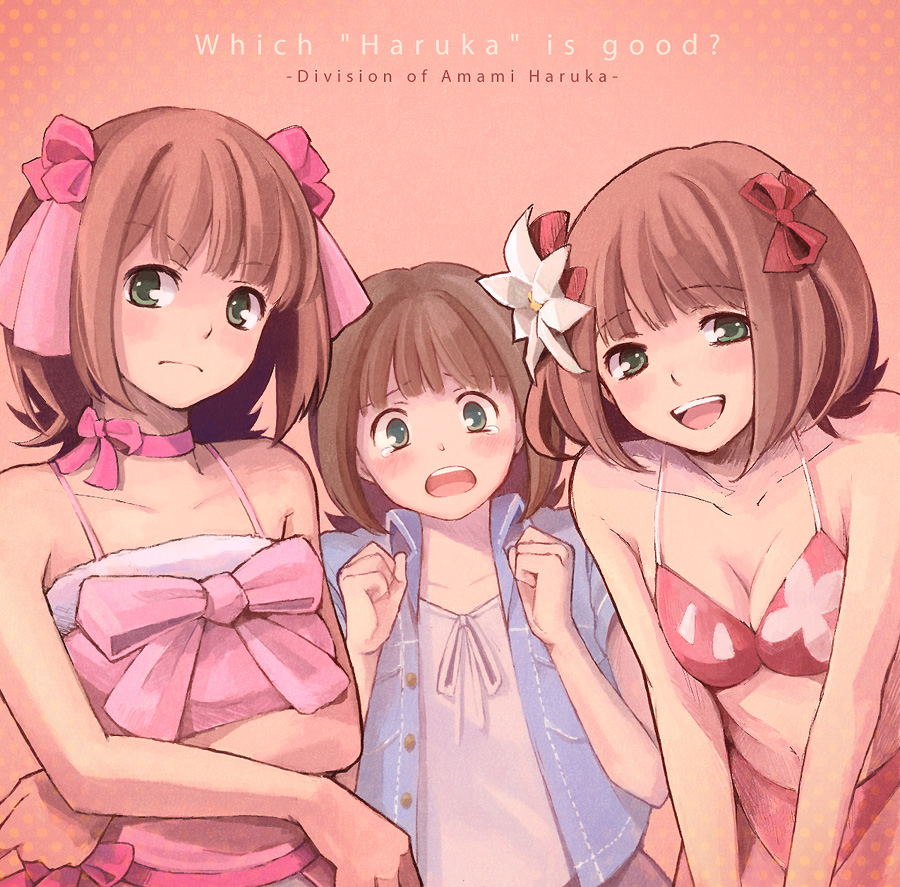 nogoodlife, amami haruka, idolmaster, idolmaster (classic), 00s, 3girls, bare shoulders, bikini, blush, breasts, breasts squeezed together, brown hair, choker, cleavage, crossed arms, cute & girly (idolmaster), dual persona, flower, green eyes, hair ribbon, leaning forward, medium breasts, multiple girls, multiple persona, open mouth, ribbon, short hair, small breasts, smile, swimsuit, tears