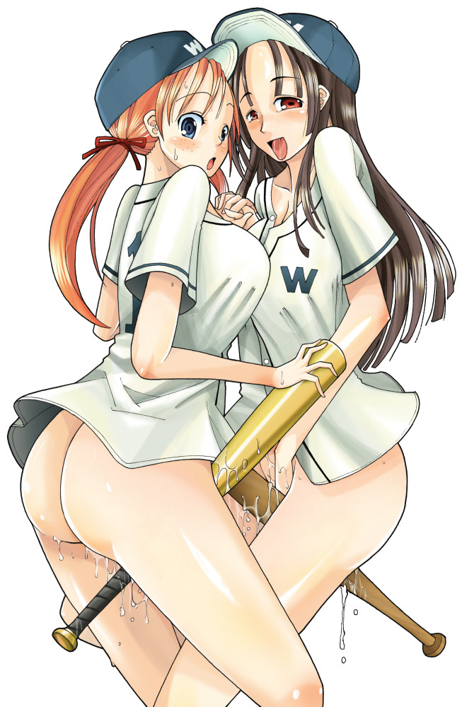 lunatic monster, sakazaki freddy, nippon professional baseball, original, taiyou whales, 2girls, baseball, baseball bat, blue eyes, blush, bottomless, breasts, brown hair, clothes writing, crotch rub, freckles, hat, large breasts, long hair, medium breasts, multiple girls, orange hair, pussy juice, red eyes, sweatdrop, yuri