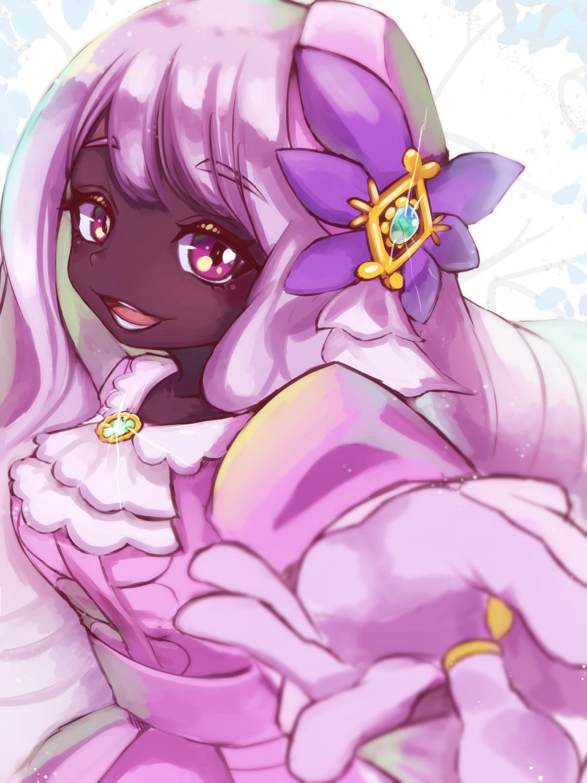 lapi-p, jacinthe (pokemon), nintendo, pokemon, pokemon legends: z-a, commentary, highres, 1girl, :d, ascot, brooch, dark-skinned female, dark skin, dress, fascinator, gloves, jewelry, looking at viewer, open mouth, outstretched arm, pink dress, pink hair, reaching, reaching towards viewer, red eyes, smile, solo, very dark skin, white ascot
