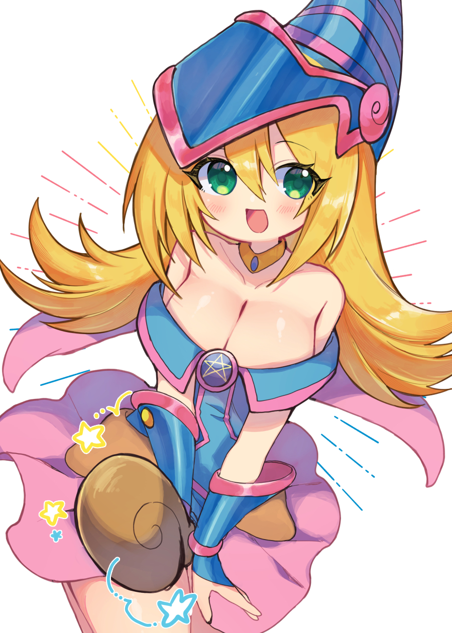 yomoi, dark magician girl, yu-gi-oh!, commentary request, highres, partial commentary, 1girl, armor, bare shoulders, blonde hair, blue armor, blue helmet, blush, breasts, brooch, cleavage, double-parted bangs, emphasis lines, floating clothes, floating hair, from above, gauntlets, green eyes, hair between eyes, helmet, jewelry, large breasts, long hair, open mouth, pink skirt, pink trim, pleated skirt, shooting star, skirt, smile, solo, staff, star (symbol), upper body